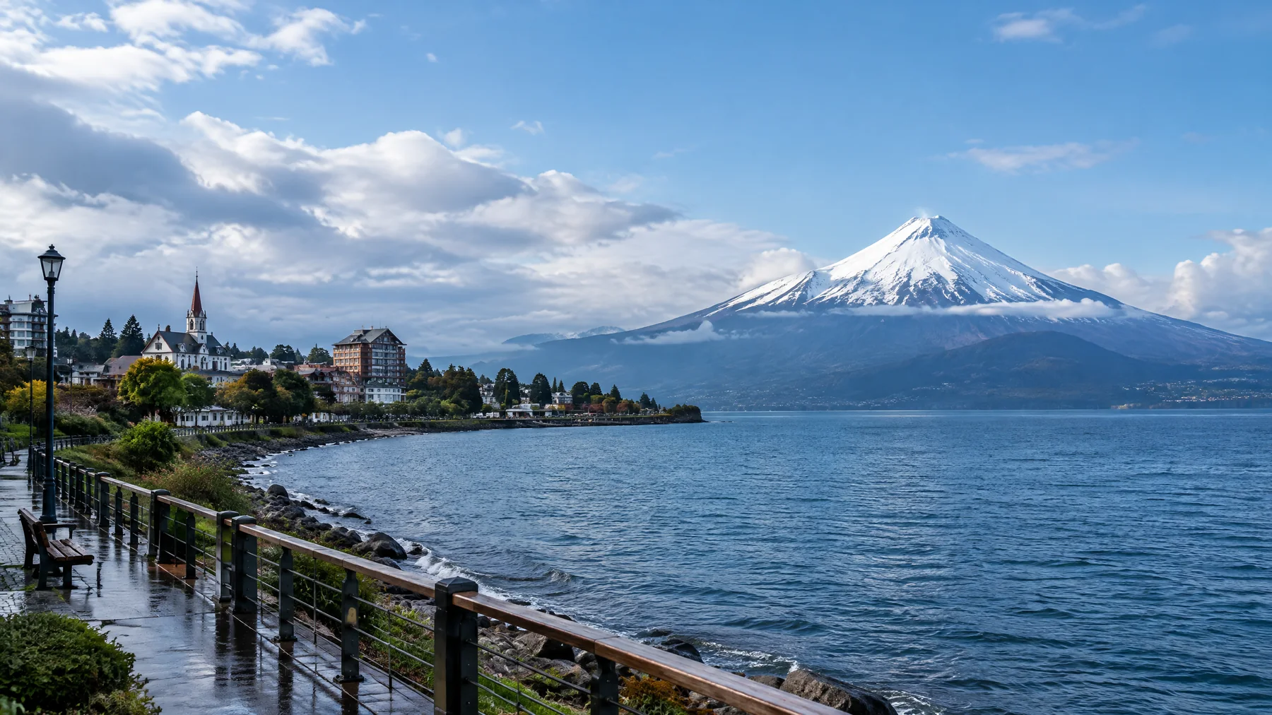 Puerto Varas diante do Lago Llanquihue e do vulcão Osorno