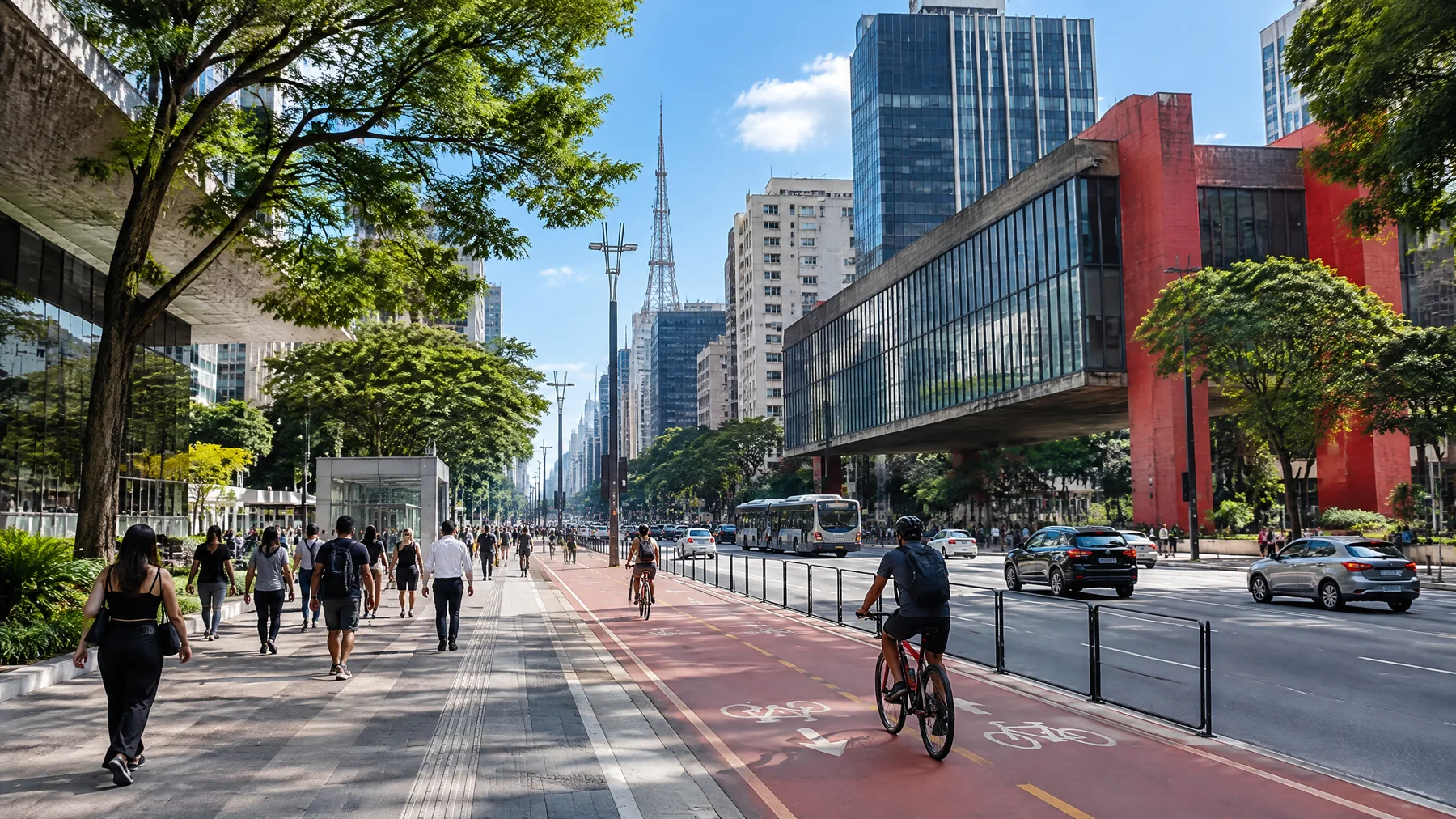 Na Paulista, cultura e transporte ajudam a reduzir deslocamentos. Avenida Paulista com pedestres, ciclovia e espaços culturais