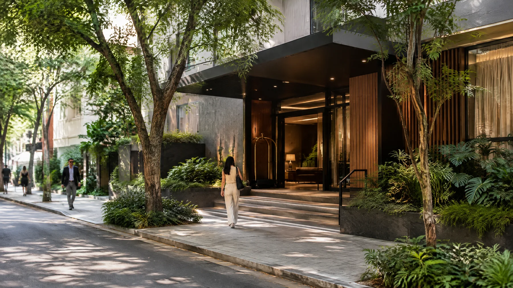 Nos Jardins, a vizinhança pode ser tão importante quanto o quarto. Entrada discreta de hotel em rua arborizada dos Jardins, em São Paulo