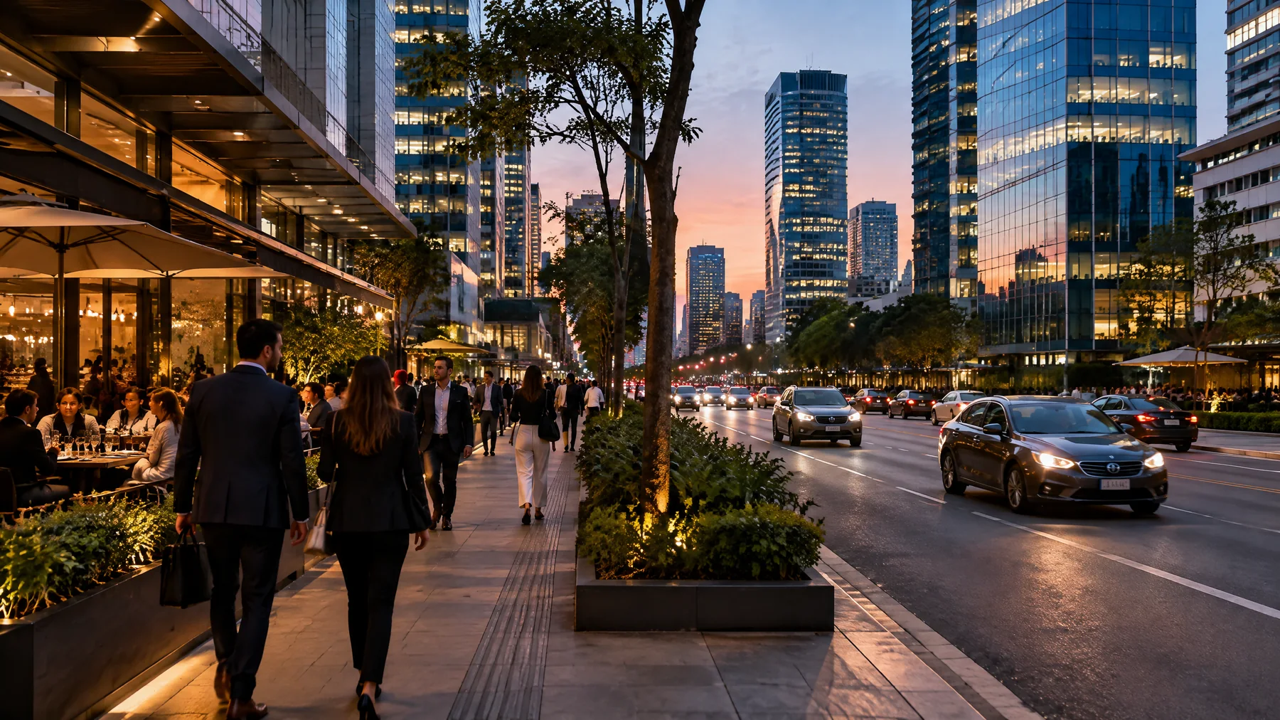 Itaim e Vila Olímpia aproximam compromissos profissionais, restaurantes e vida noturna. Itaim Bibi no começo da noite com restaurantes e skyline corporativo