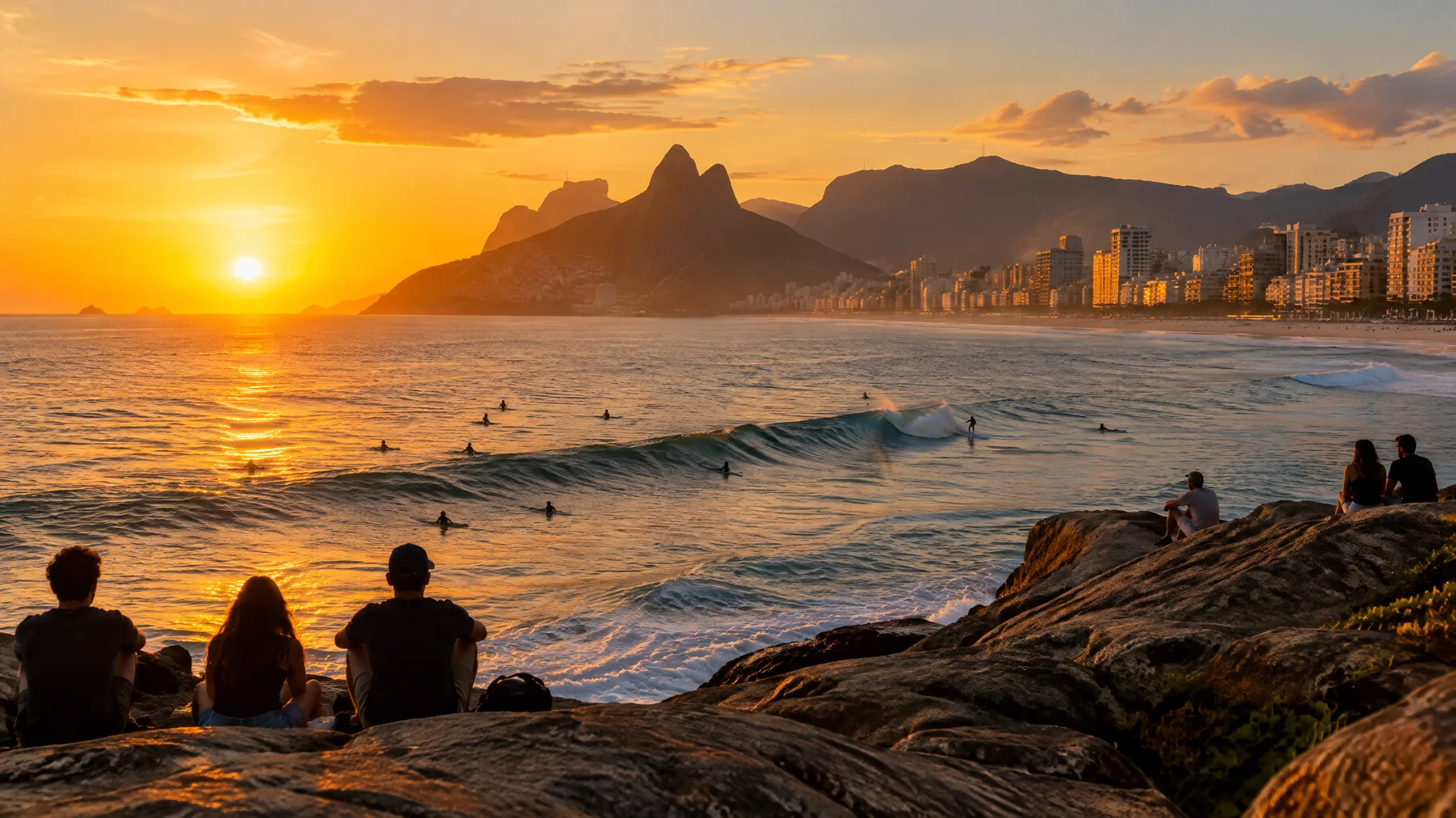 O Arpoador entra na seleção pela paisagem urbana e pelo pôr do sol. Entardecer no Arpoador com mar aberto e surfistas ao longe