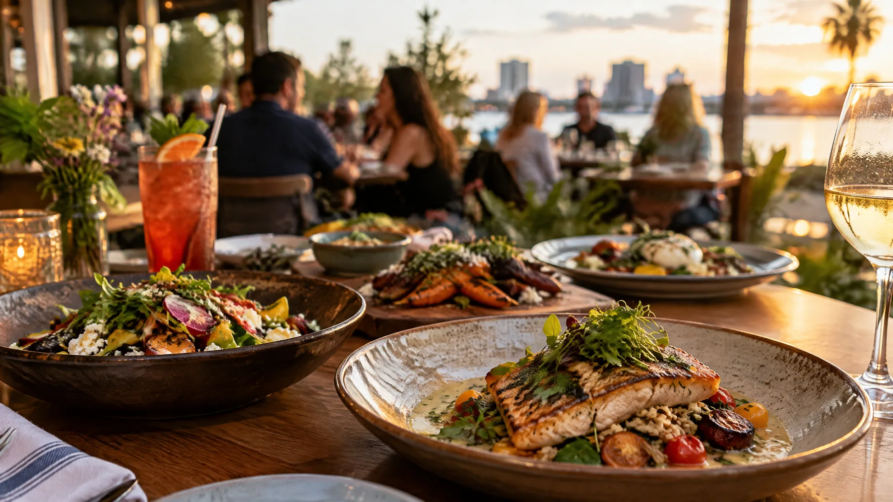 A gastronomia local ajuda a enxergar Orlando para além do circuito temático. Mesa de restaurante independente com pratos sazonais em Orlando