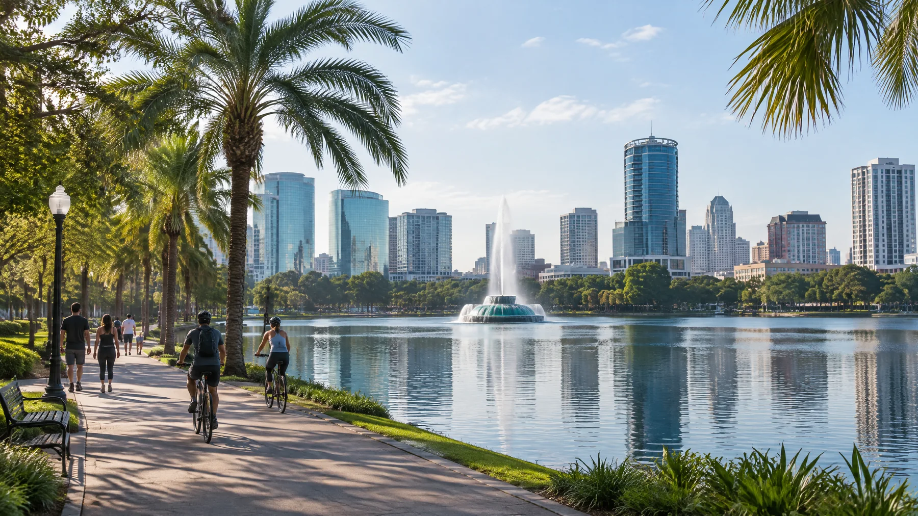 O Lake Eola funciona como pausa urbana e ponto de observação da cidade. Lake Eola Park com lago, fonte e skyline de Orlando