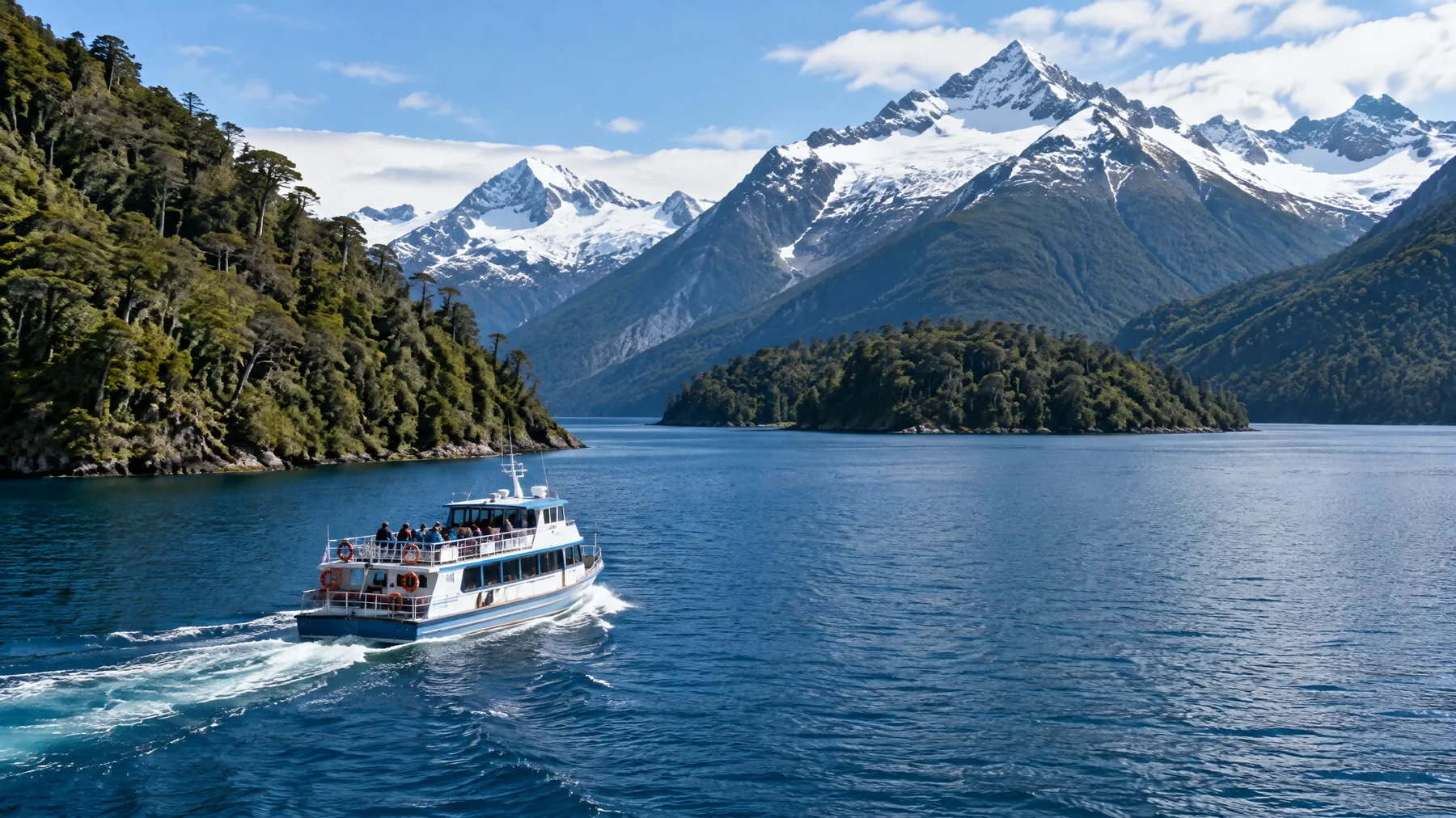 Embarcação de passageiros cruza um lago cercado pelos Andes