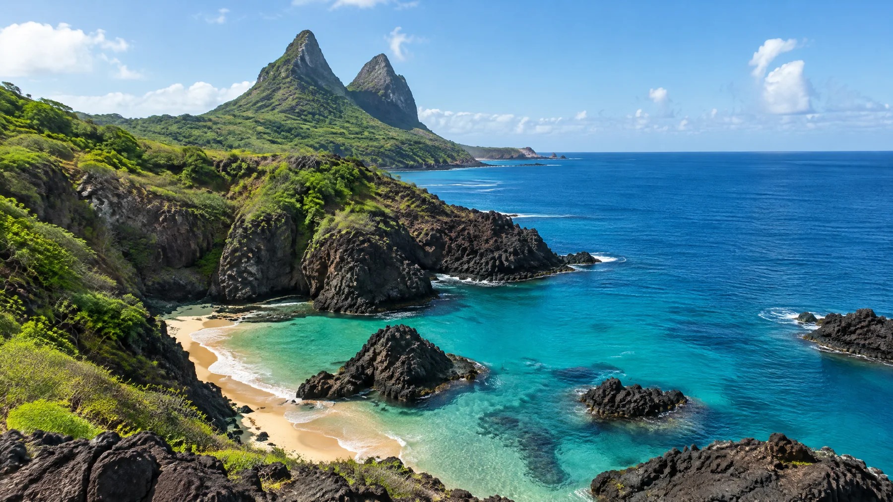 Na Baía dos Porcos, a condição do mar deve orientar qualquer entrada na água. Baía dos Porcos, em Fernando de Noronha, vista entre rochas vulcânicas