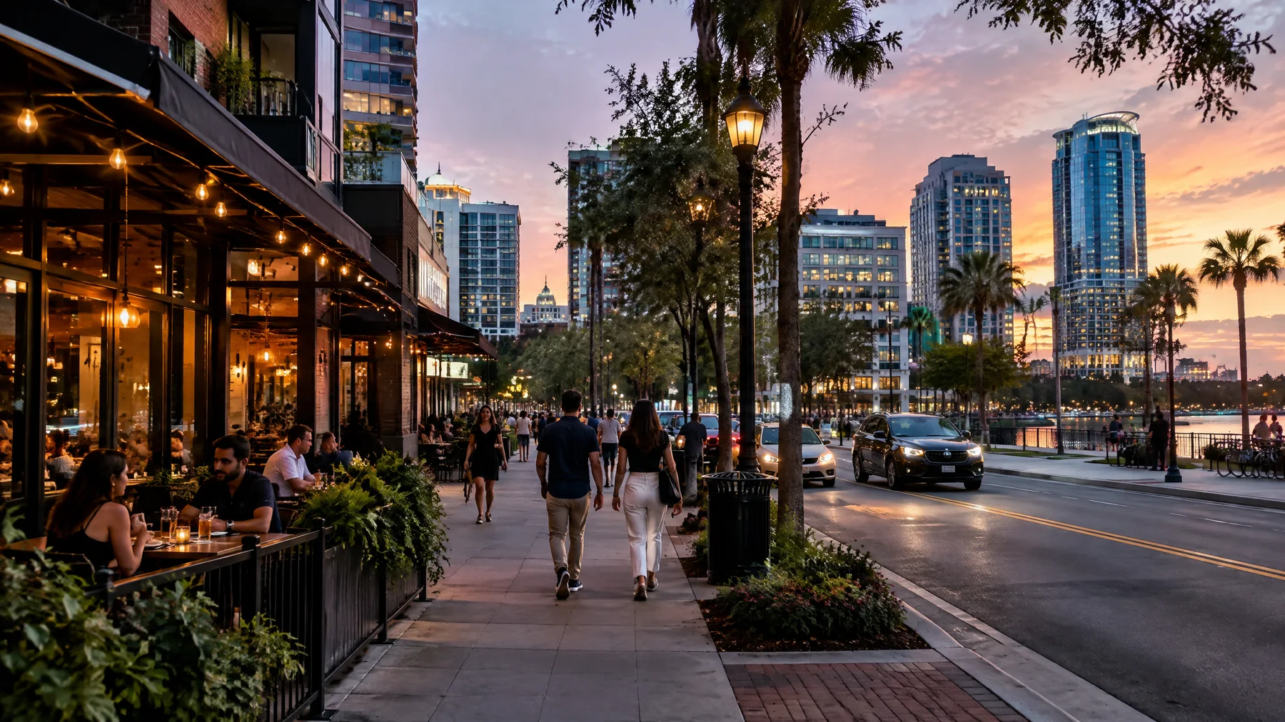 Downtown mostra uma Orlando cotidiana, além dos corredores dos parques temáticos. Ruas de Downtown Orlando ao entardecer
