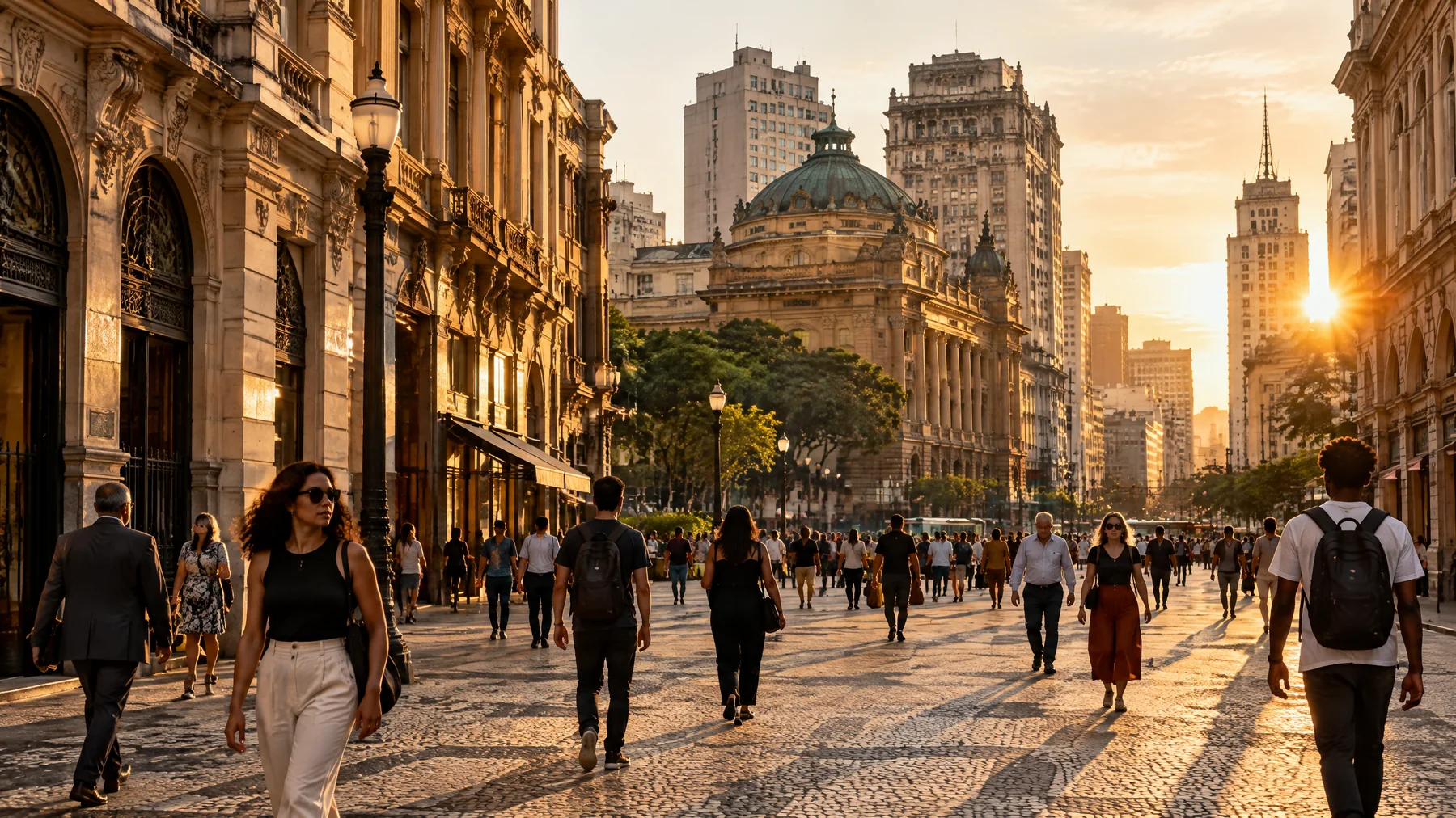 Ficar no Centro pede atenção ao horário, mas amplia a leitura histórica da cidade. Arquitetura histórica e movimento de pedestres no centro de São Paulo