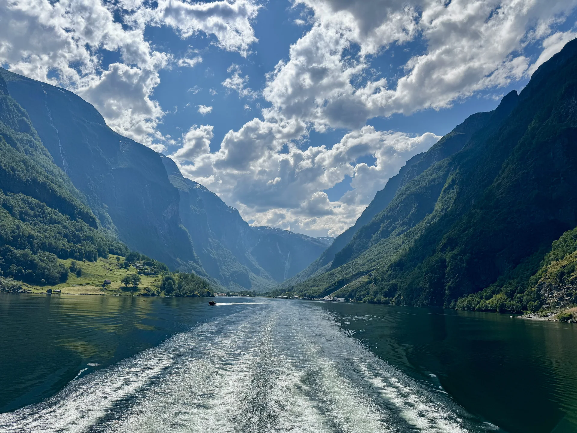 Embarcação de passeio navega entre as paredes íngremes do Nærøyfjord.