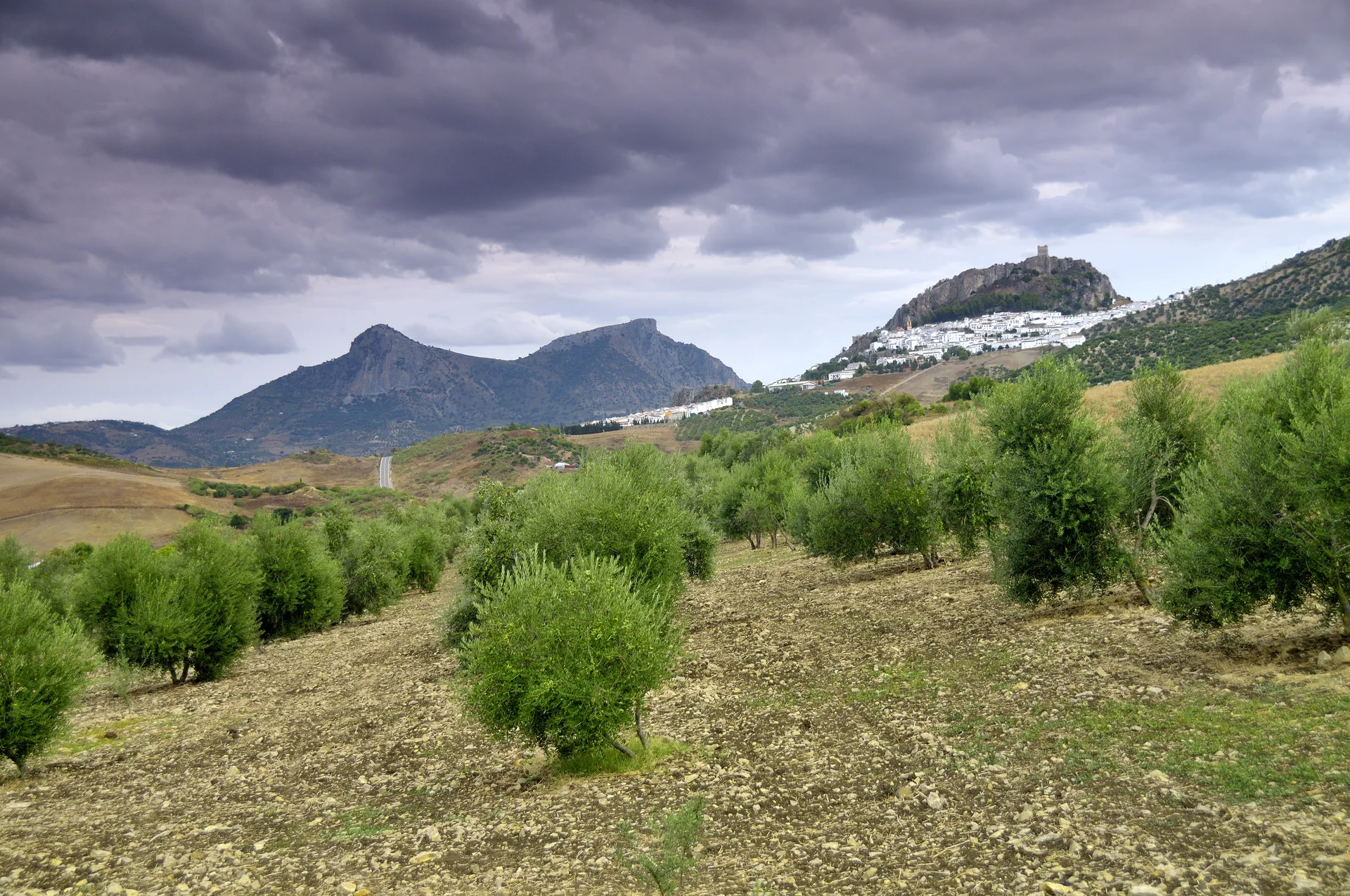 Vista geral de Zahara de la Sierra, com o povoado branco e a torre do castelo na encosta.