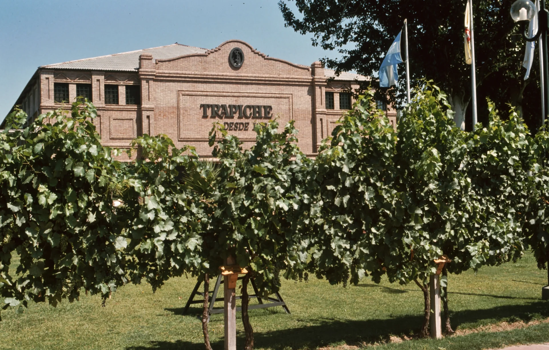 Fachada histórica da vinícola Trapiche sob luz natural em Maipú, Mendoza