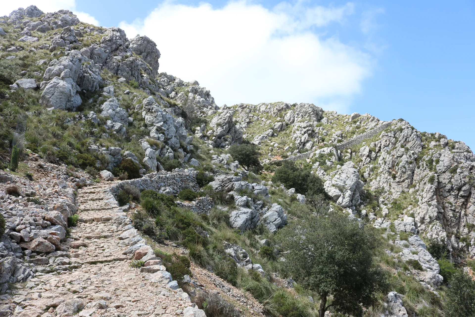 Caminho de pedra seca sobe a encosta rochosa das Voltes d'en Galileu, na Serra de Tramuntana.