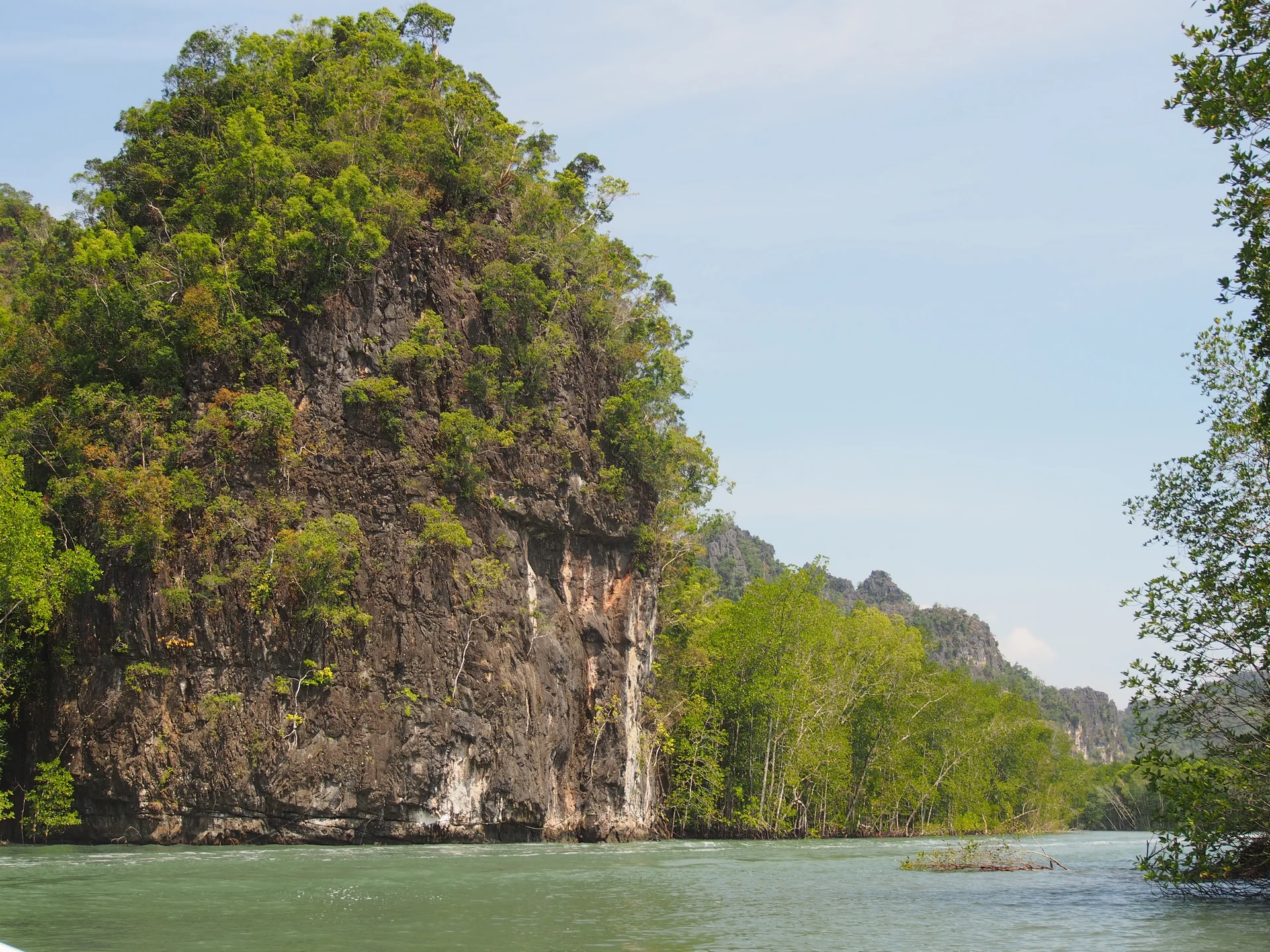 Falésias calcárias cobertas de vegetação junto à água no Kilim Geoforest Park, em Langkawi.