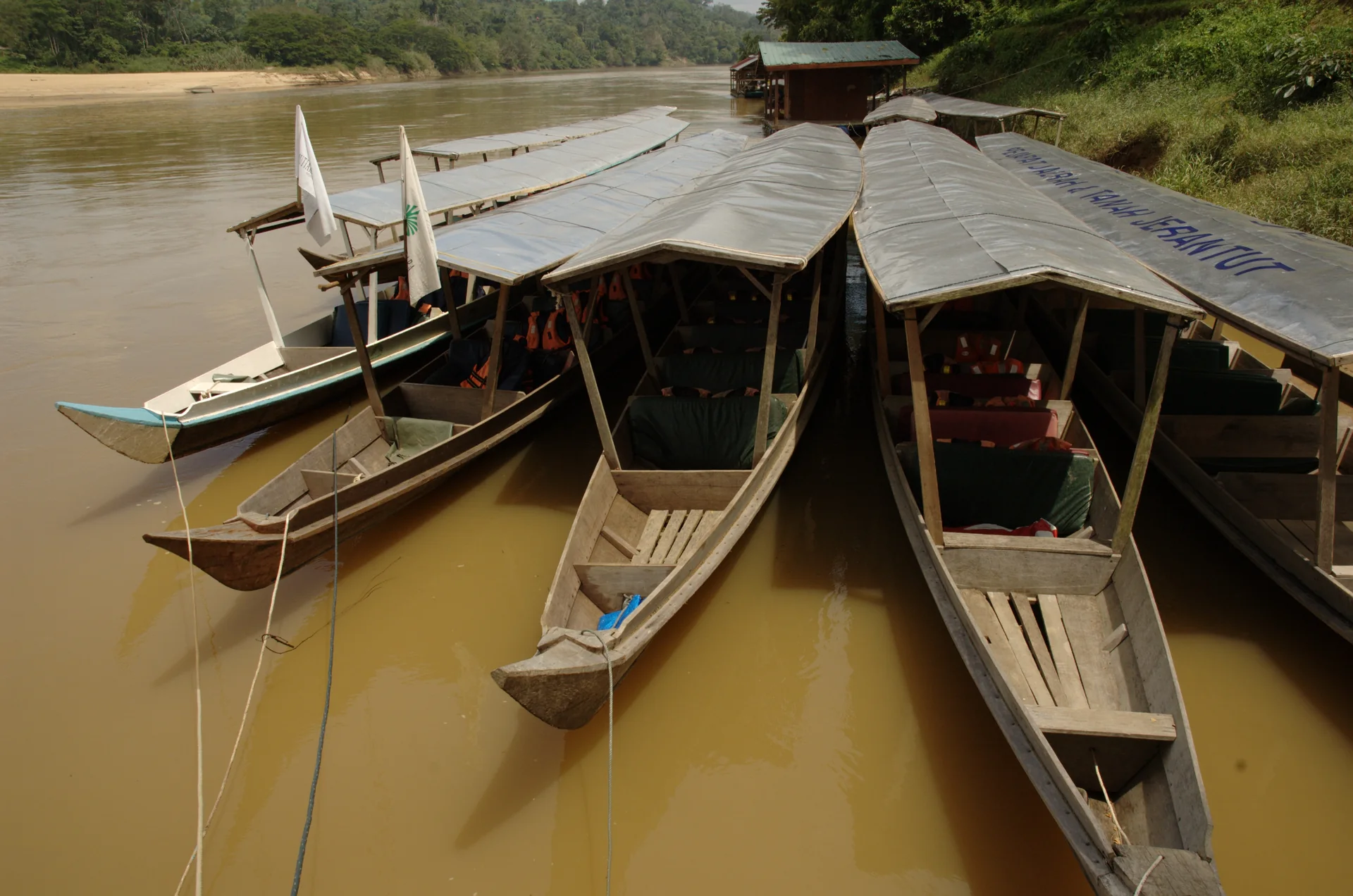 Barcos de madeira cobertos aguardam junto à margem do rio em Kuala Tahan.