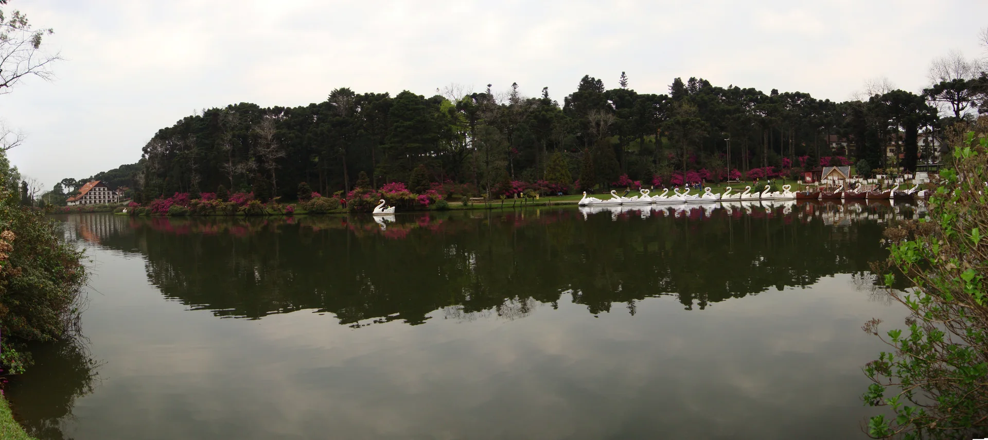 Panorama do Lago Negro em Gramado, com água refletindo o céu, árvores e pedalinhos ao fundo.