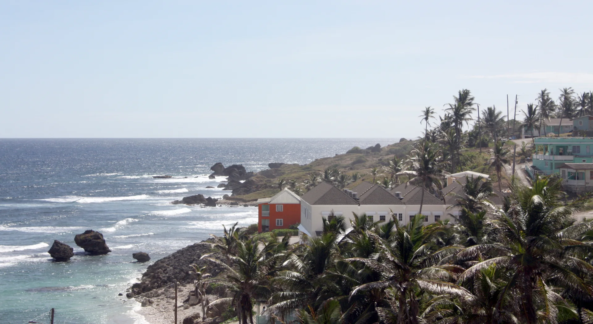 Costa atlântica de Bathsheba, em Barbados, com ondas, rochas e palmeiras vistas de um ponto elevado em terra firme.