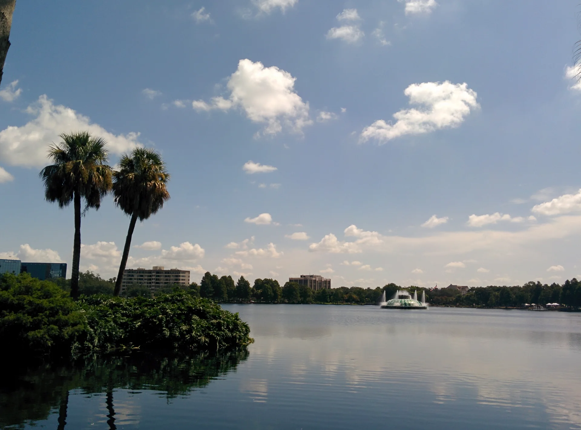 Vista diurna do Lake Eola Park, em Orlando, com vegetação, caminho à beira do lago e skyline ao fundo.