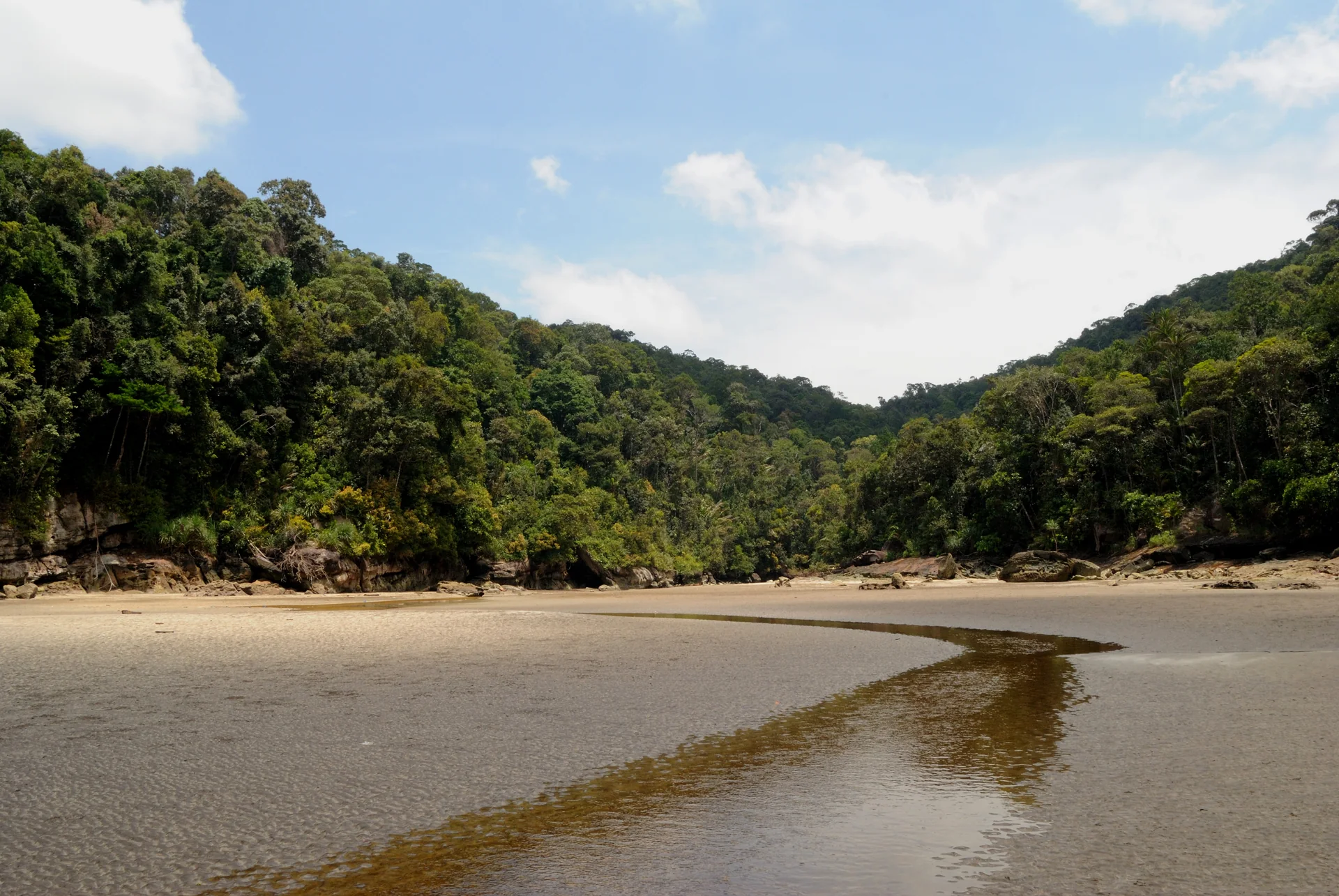 Faixa de praia e floresta tropical no Parque Nacional de Bako, em Sarawak.