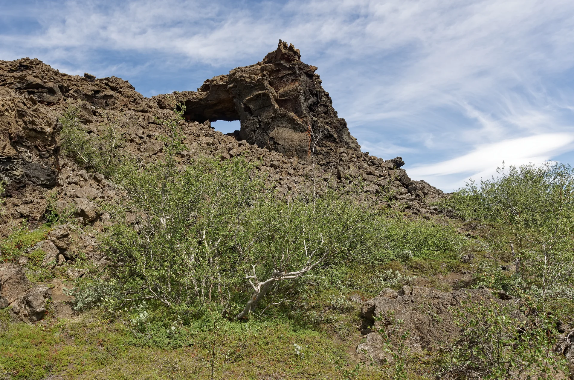 Formação irregular de lava escura em Dimmuborgir, com arbustos verdes e céu claro na Islândia.