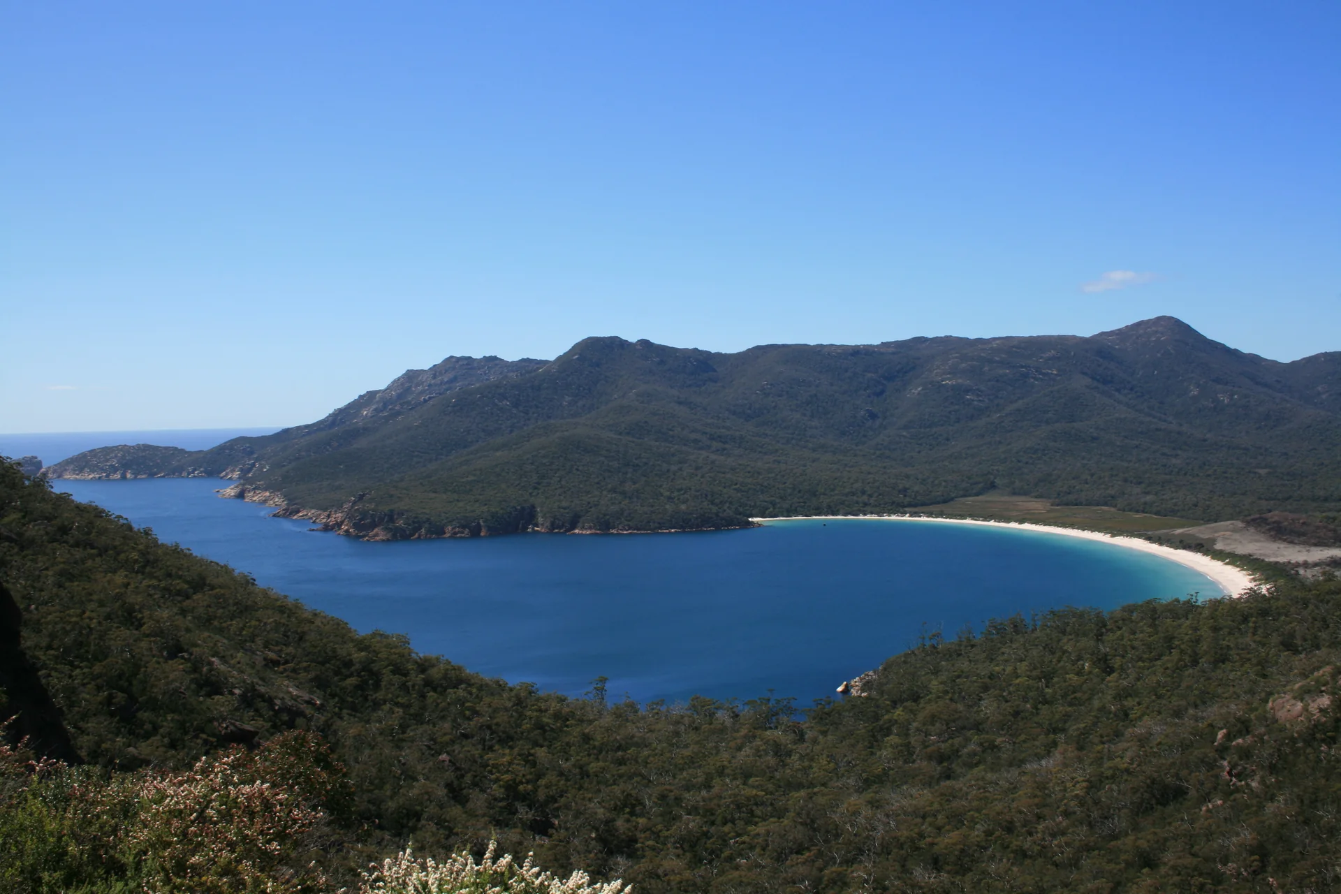 Vista elevada da baía Wineglass, com mar azul, praia em arco, mata e montanhas no Parque Nacional Freycinet, Tasmânia.