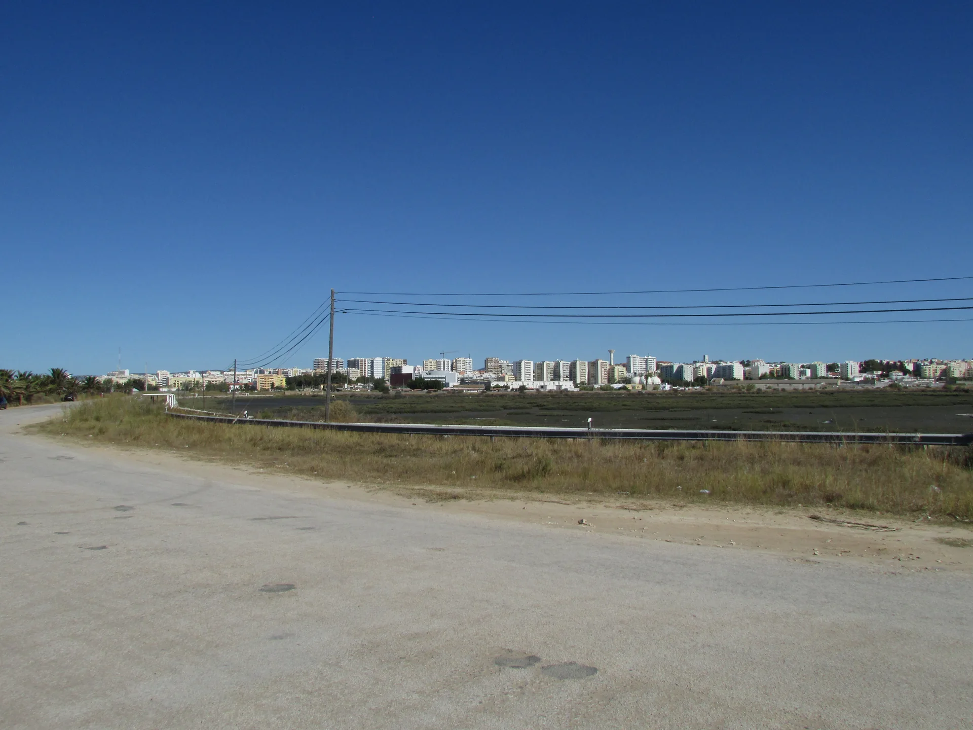 Vista da Ria Formosa em direção à cidade de Faro, com canais, vegetação baixa e construções ao fundo.