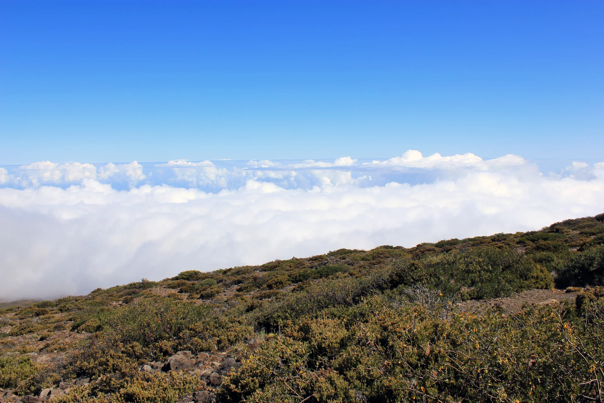 Depressão vulcânica de Haleakalā com rochas escuras, encostas e nuvens abaixo da linha do horizonte, em Maui.