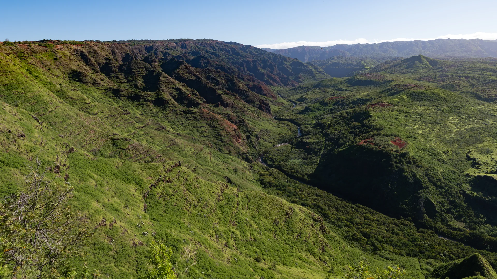 Encostas verdes e vermelhas do Waimea Canyon, em Kauaʻi, vistas de longe sob céu claro.