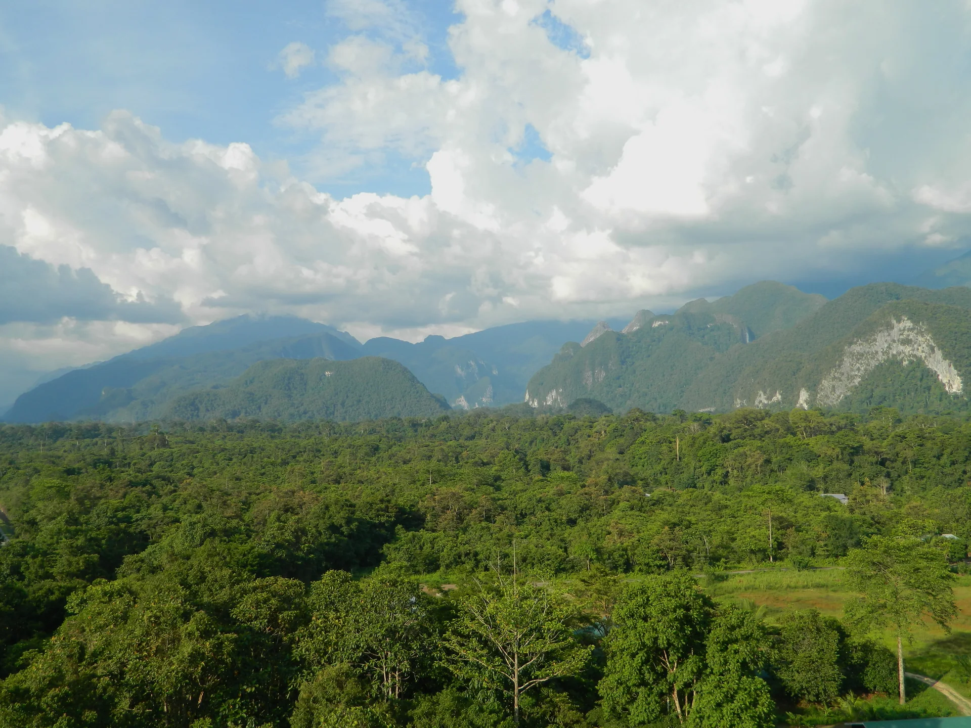 Vista panorâmica do Parque Nacional Gunung Mulu, com floresta tropical, relevo cárstico e céu claro em Sarawak.