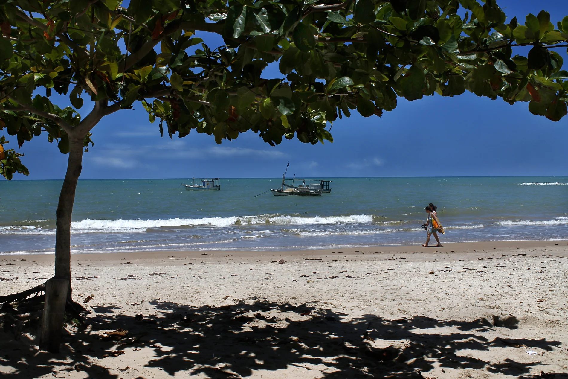 Faixa de areia de Trancoso com árvores, mar e duas embarcações ao fundo.