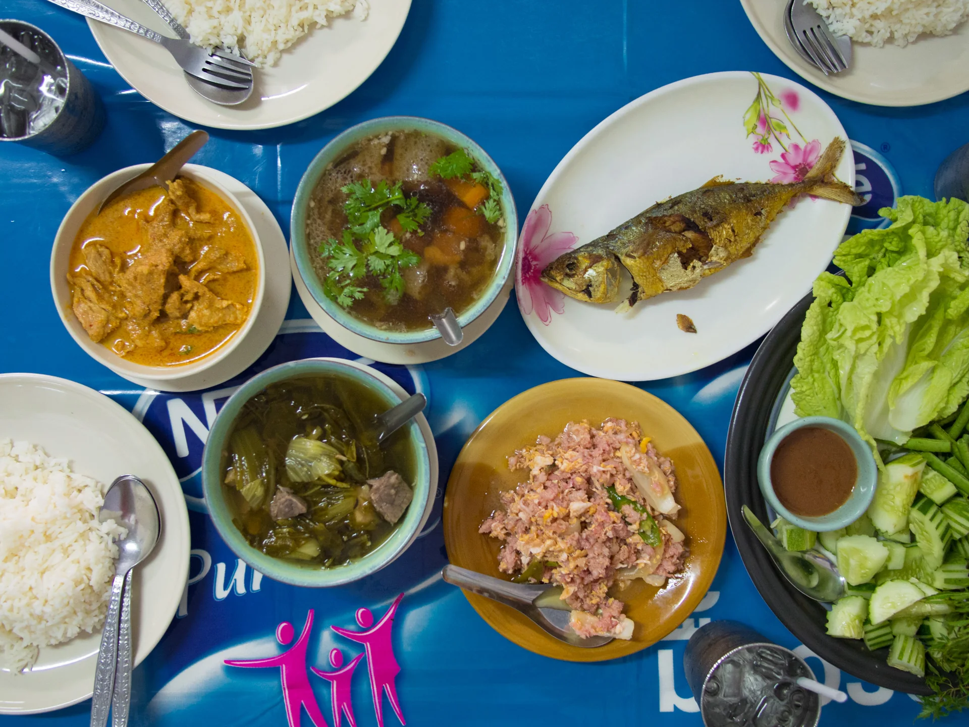 Vista de cima de uma refeição tailandesa com arroz, curries, sopa, peixe, ervas e acompanhamentos.