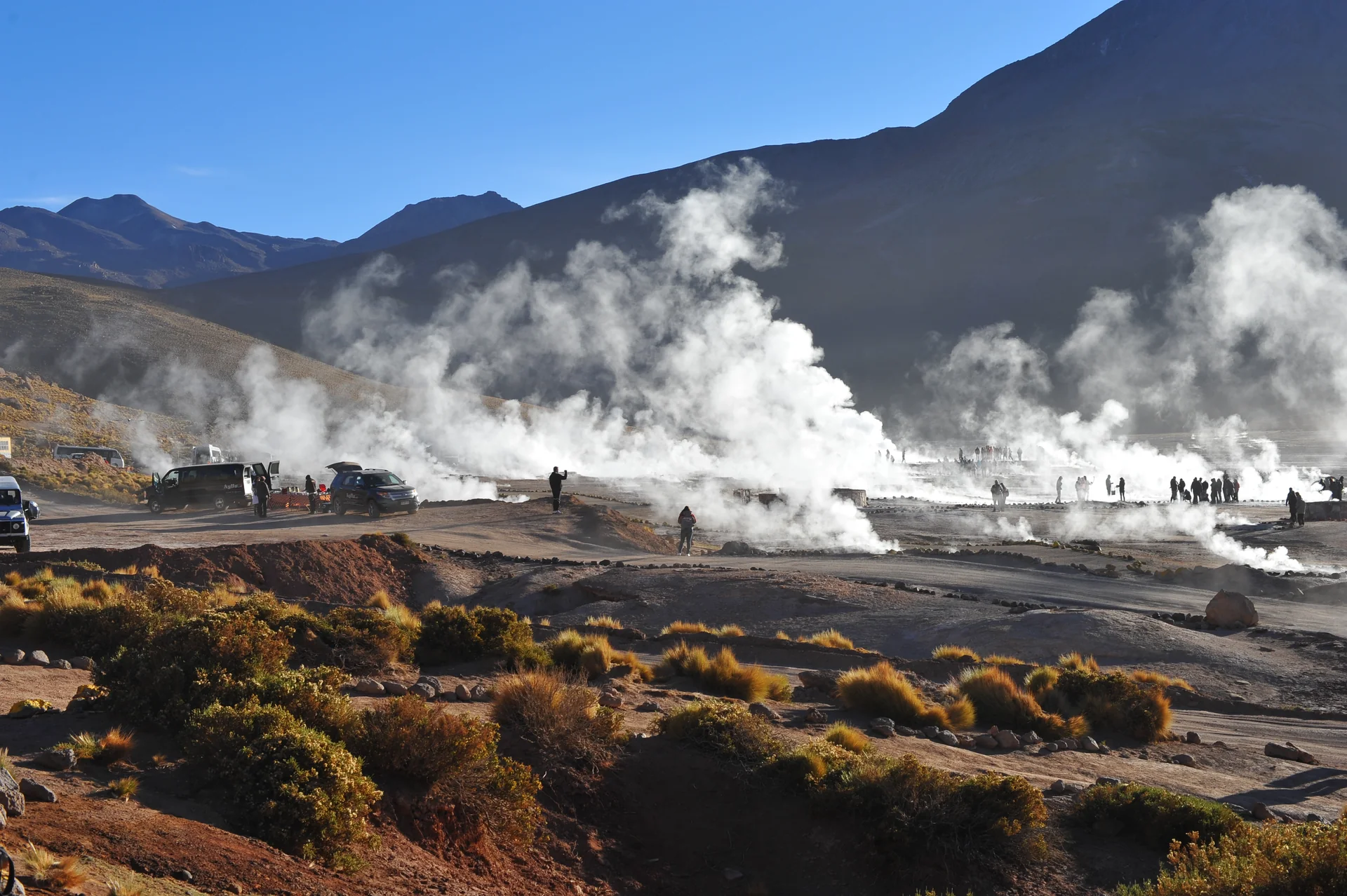 Pequeno grupo de visitantes com casacos observa vapor no campo geotérmico de El Tatio.