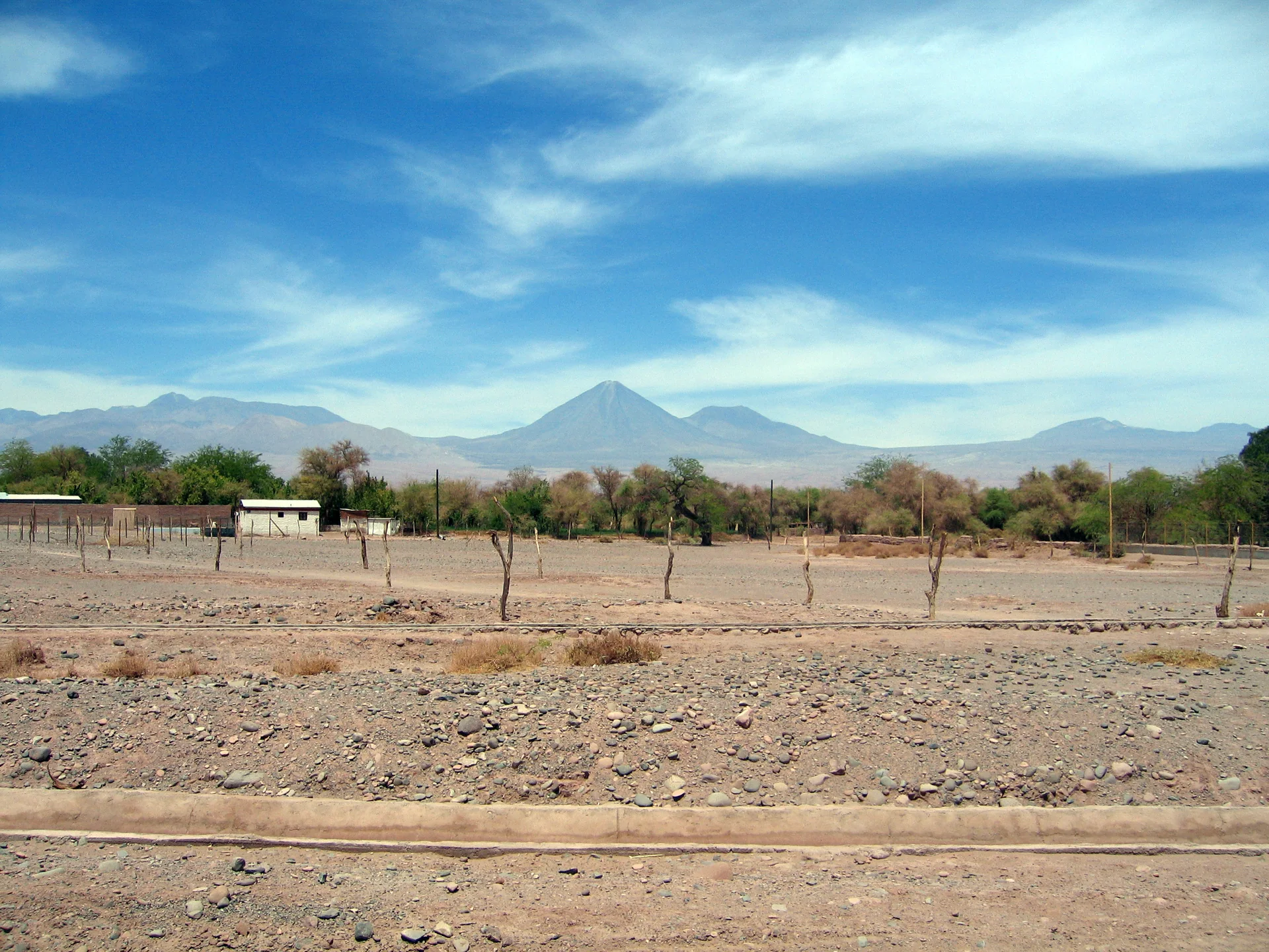 Planície árida nos arredores de San Pedro de Atacama, com árvores baixas, casas simples e o vulcão Licancabur ao fundo sob luz diurna.