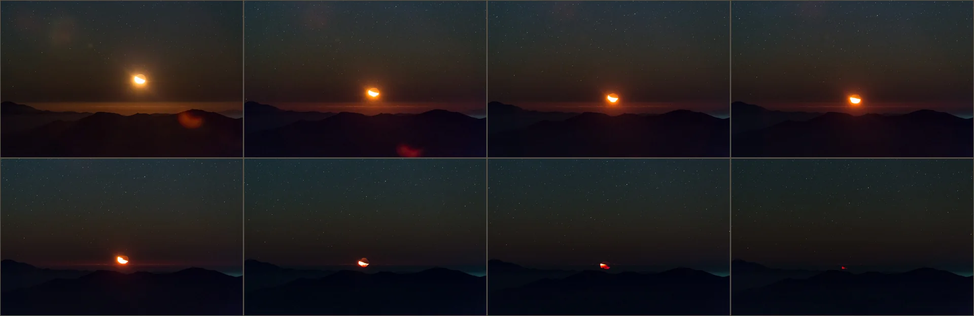 Sequência do ocaso da Lua sobre um mar de nuvens no Deserto do Atacama, vista de observatório.