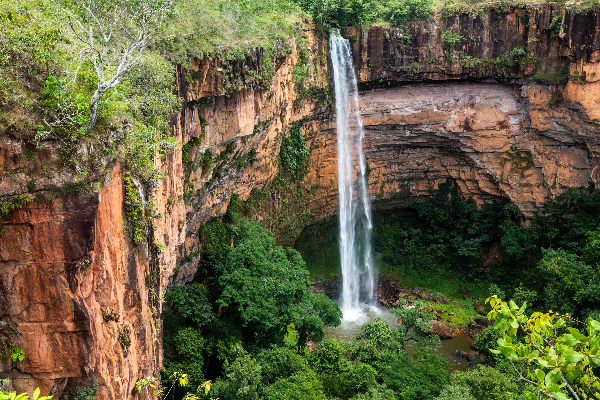 Cachoeira alta cai entre paredões de rocha e vegetação verde no Parque Nacional da Chapada dos Guimarães.