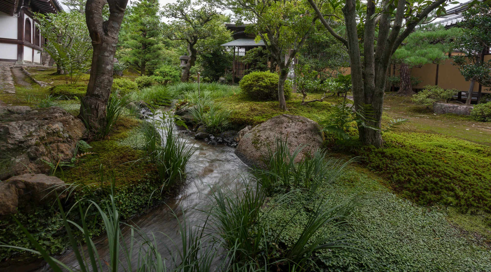 Jardim do Tenryu-ji em Arashiyama, com lago, pedras, árvores e colinas em luz natural.