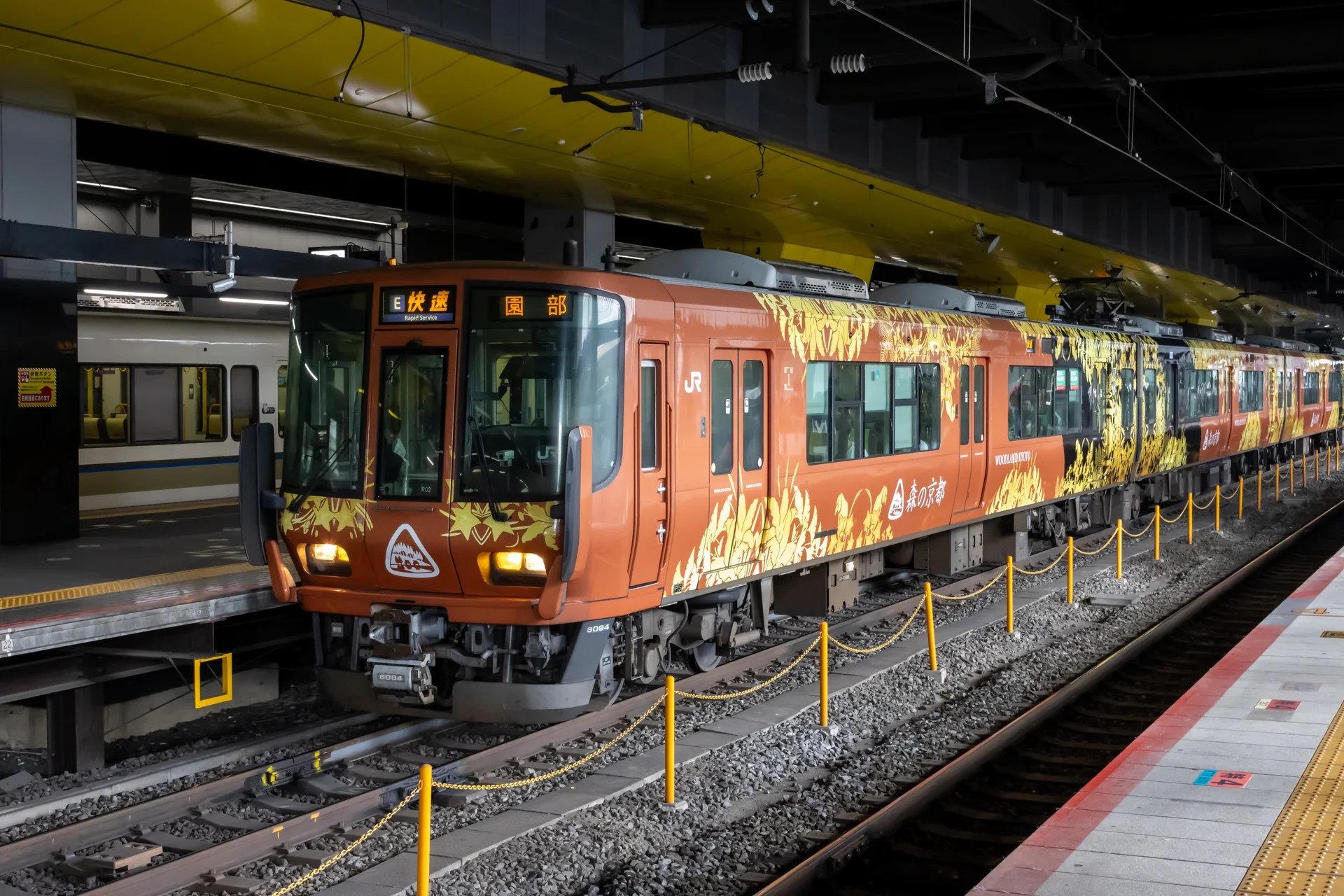 Trem local Woodland Kyoto QR Train parado junto a uma plataforma sinalizada da Kyoto Station, visto de área de circulação.