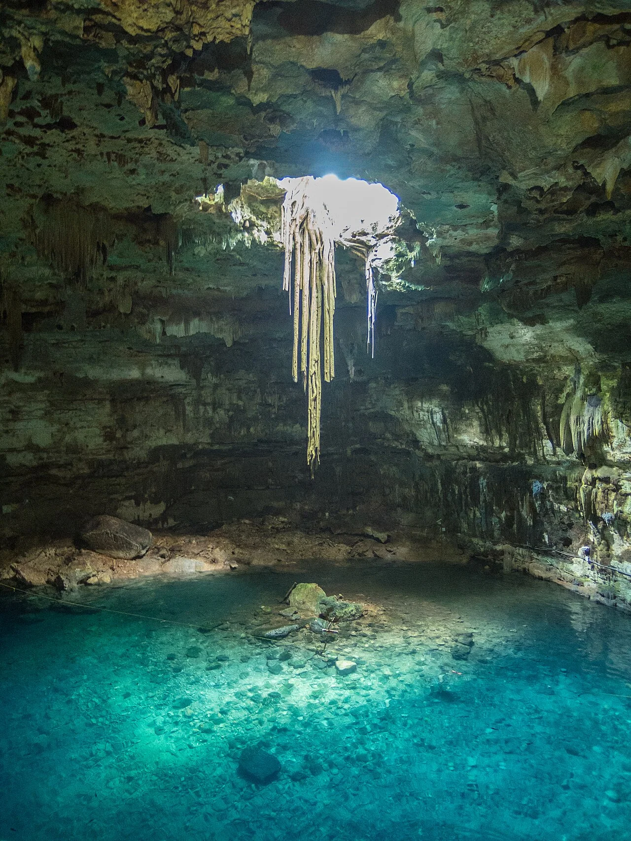 Luz natural entra pela abertura de um cenote em Tulum e ilumina água azul, calcário e raízes suspensas.