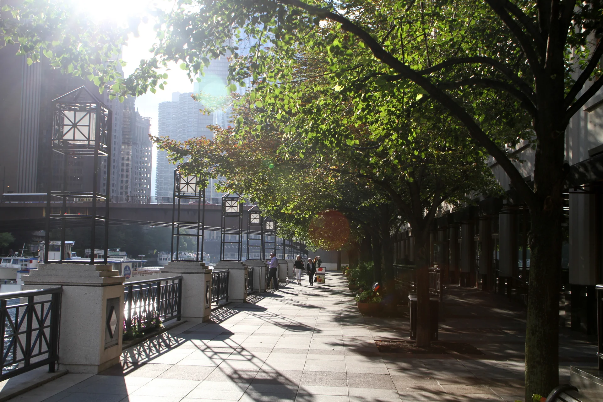 Calçadão arborizado do Chicago Riverwalk junto ao rio, com pedestres e edifícios ao fundo em luz natural.
