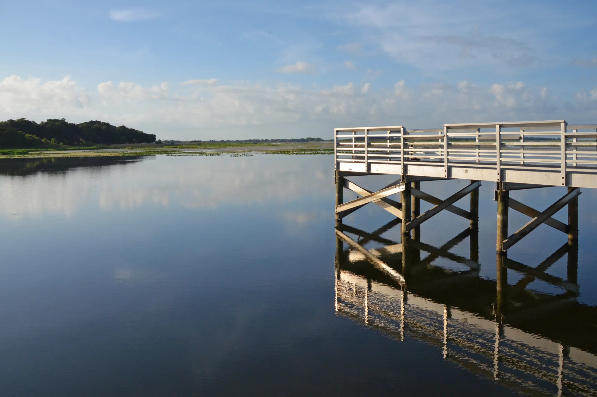 Lago Tohopekaliga, perto de Kissimmee, com píer de madeira, água tranquila que reflete o céu e vegetação baixa na margem.