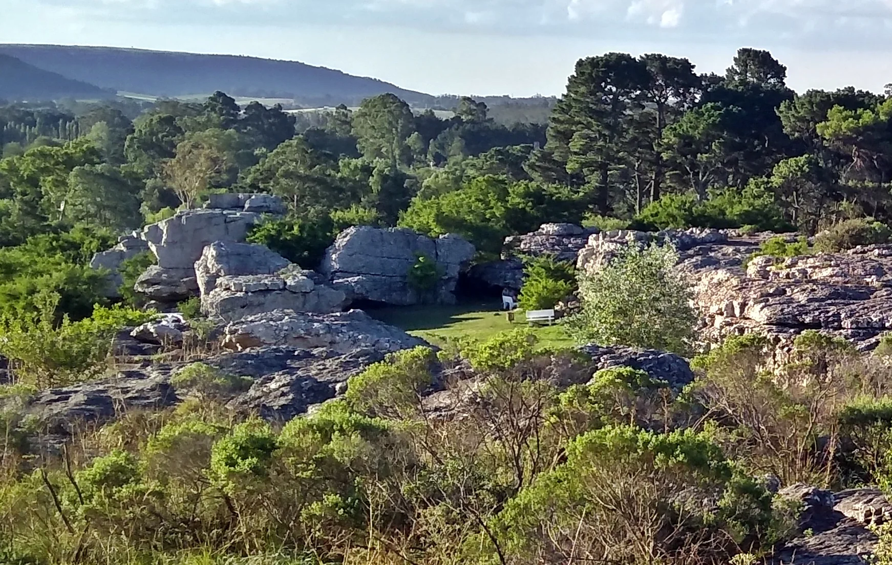 Afloramentos rochosos e vegetação verde nas colinas de Sierra de los Padres, sob luz natural no fim da tarde.