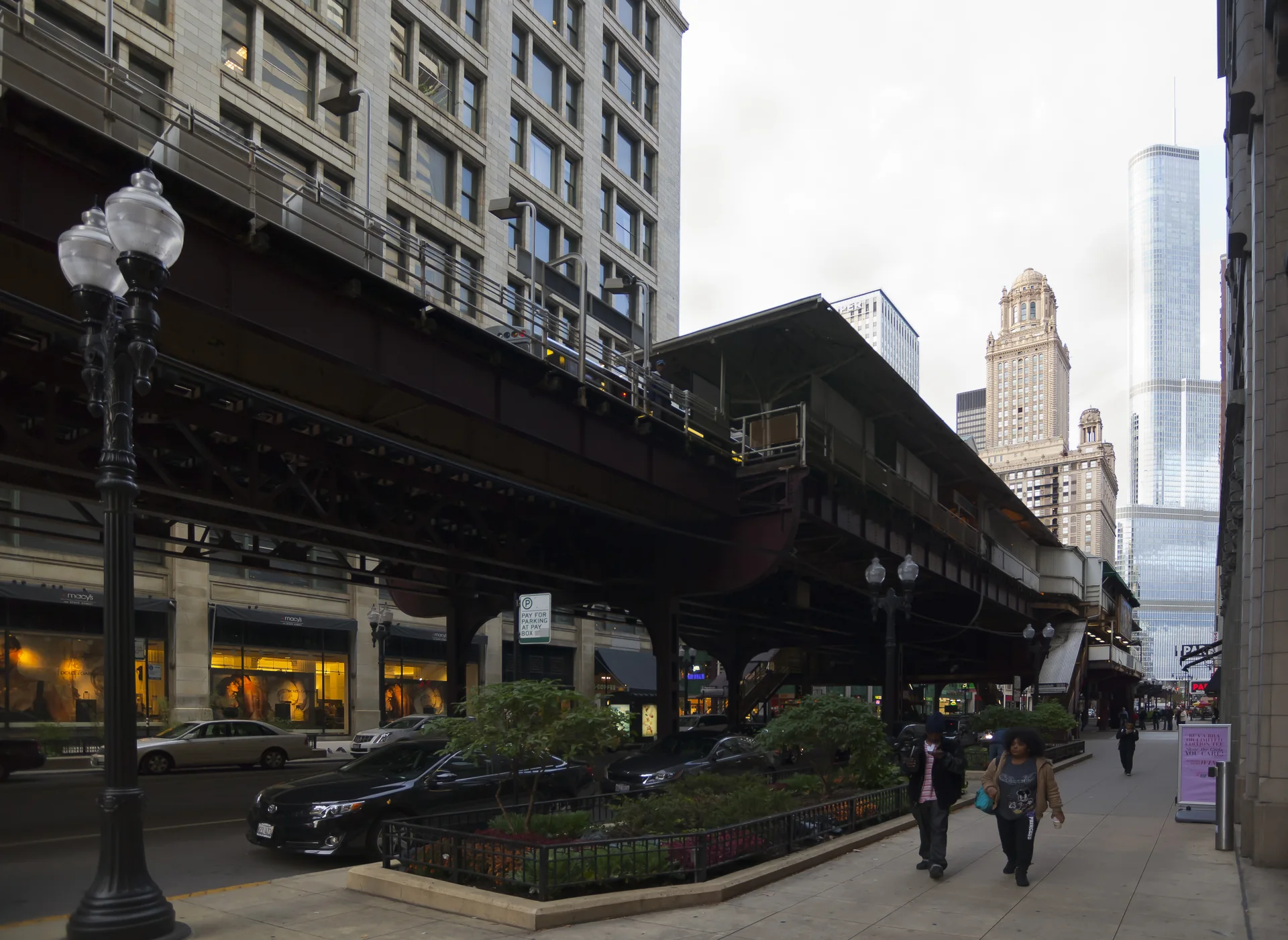 Rua do Loop em Chicago sob a estrutura elevada do “L”, com pedestres, carros e edifícios altos em luz diurna.