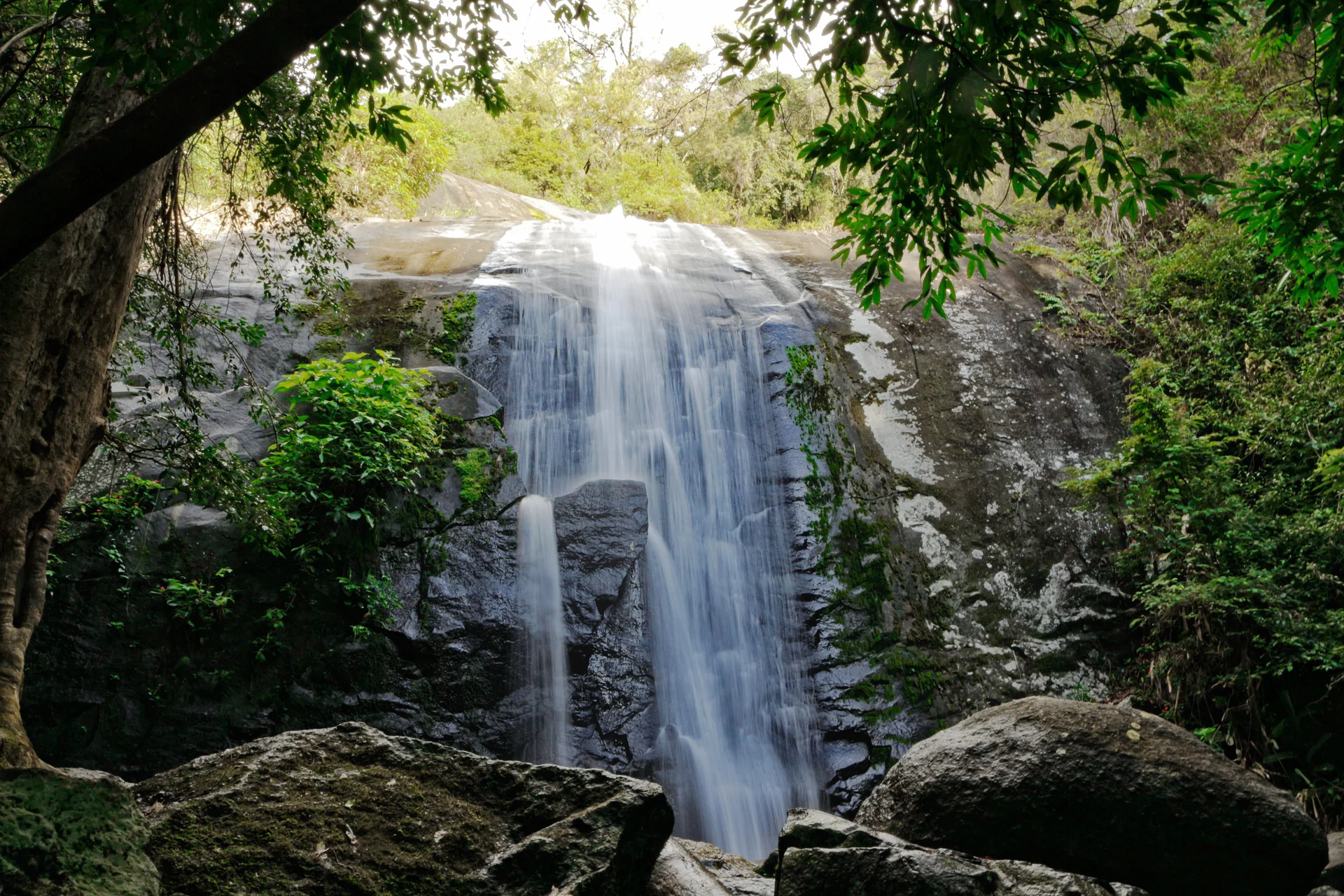 Queda d’água desce por laje de pedra entre árvores e rochas da Mata Atlântica na Cachoeira da Pancada d’ Água, em Ilhabela.