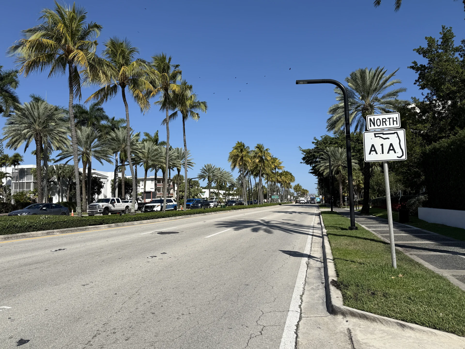 Collins Avenue em Bal Harbour, com palmeiras, calçada e placa da A1A na aproximação do cruzamento com Harbour Way.