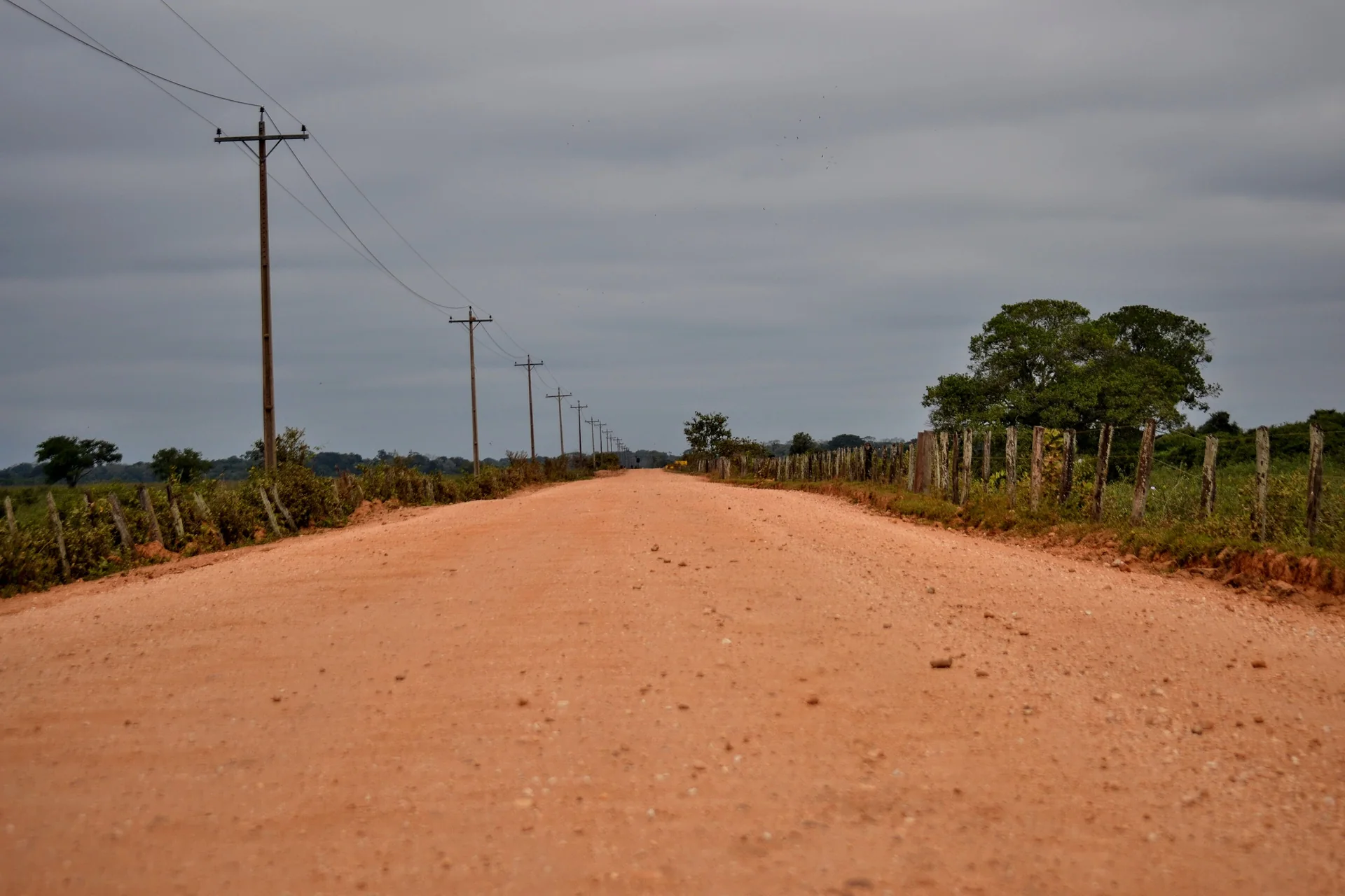 Estrada de terra reta da Rodovia Transpantaneira, ladeada por cercas e vegetação de planície em Mato Grosso.