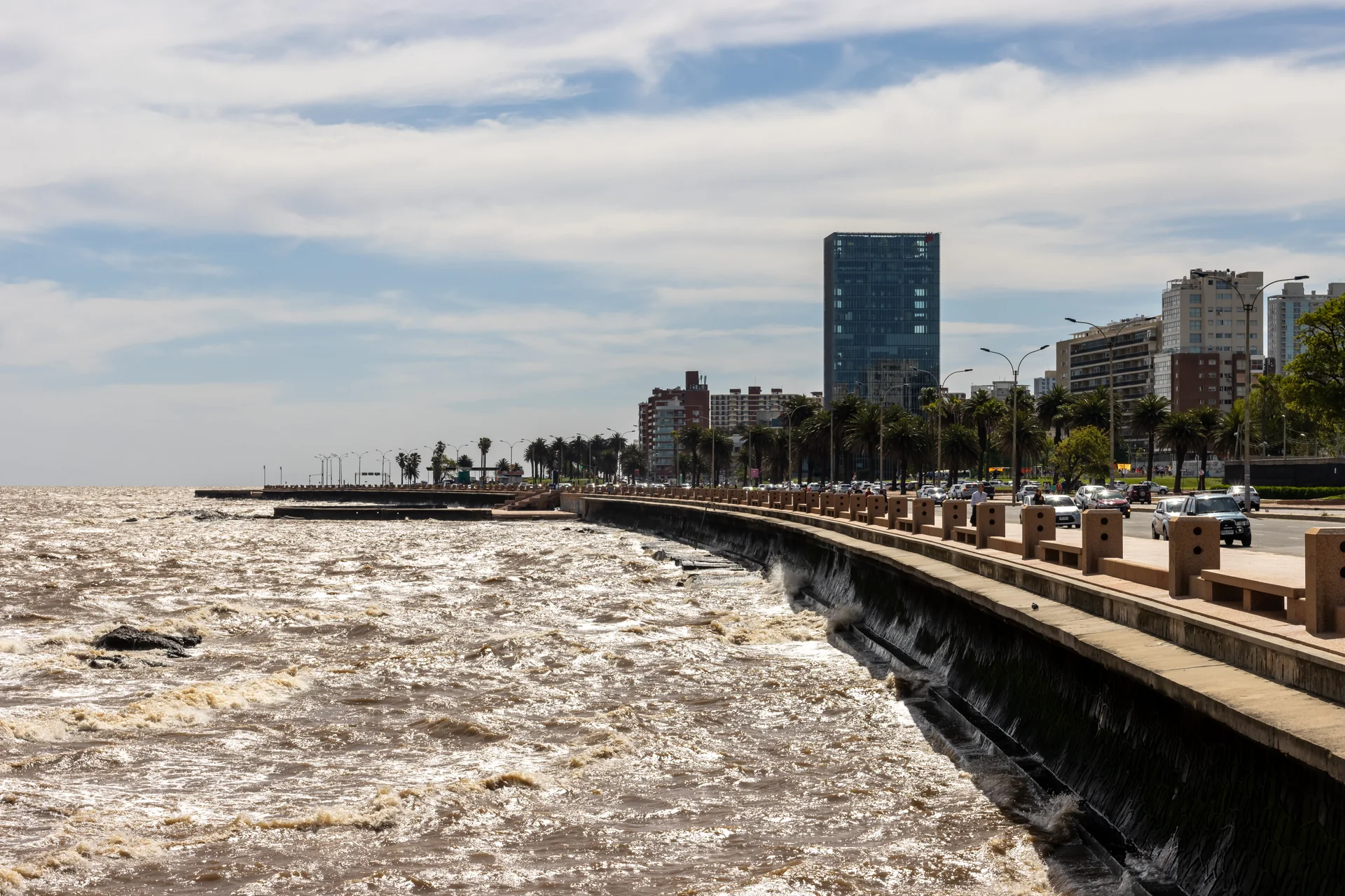 Água do Rio da Prata junto ao muro, calçadão, avenida e edifícios na Rambla de Montevidéu em luz diurna.
