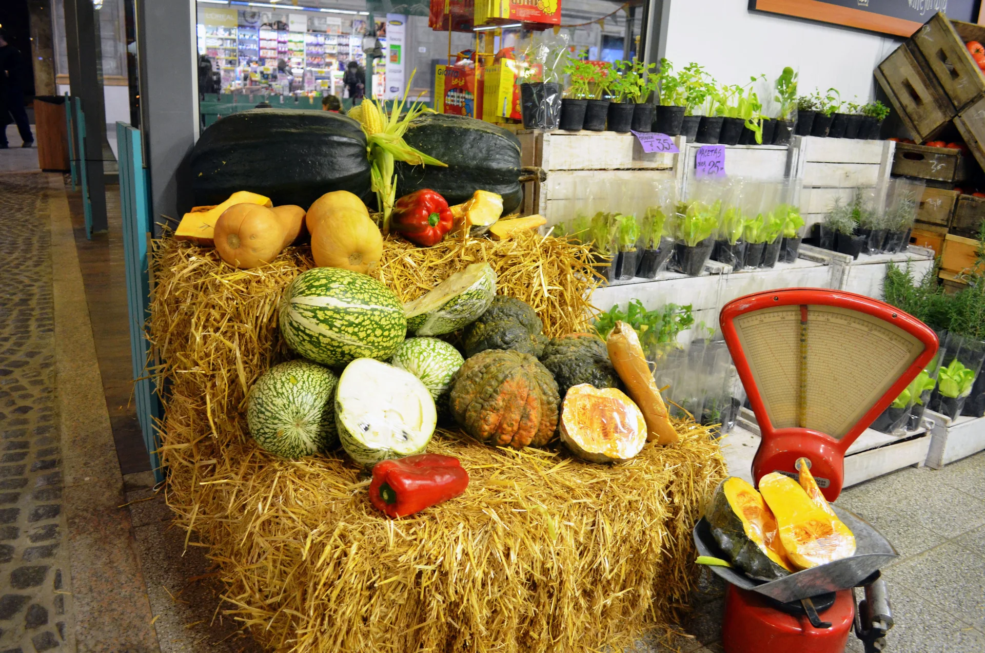 Banca com frutas, verduras, ervas e balança no Mercado Agrícola de Montevidéu, com a circulação do mercado ao fundo.