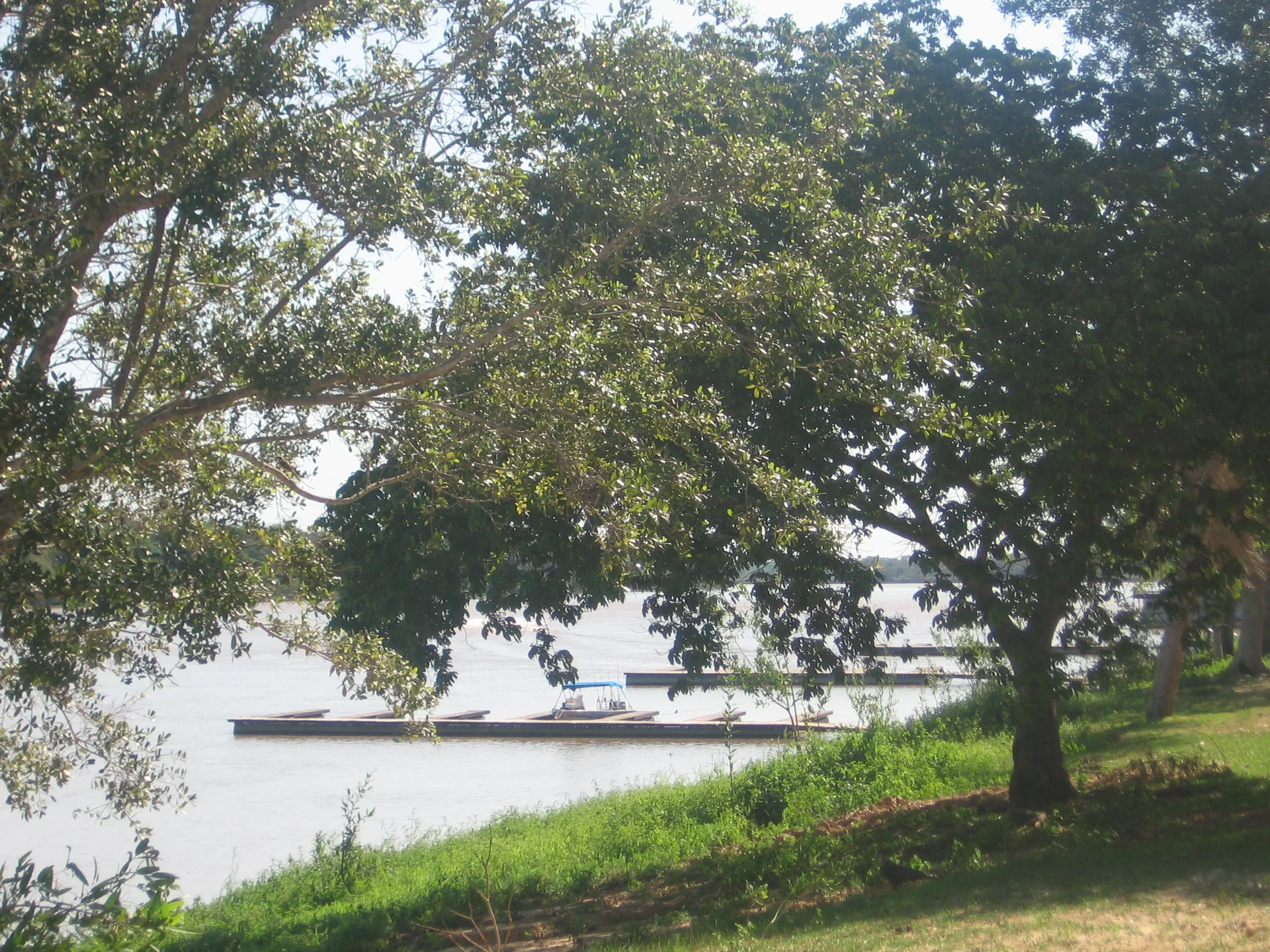 Vista do Rio Cuiabá a partir de Porto Jofre, com árvores de mata ciliar em primeiro plano e embarcações atracadas à distância.
