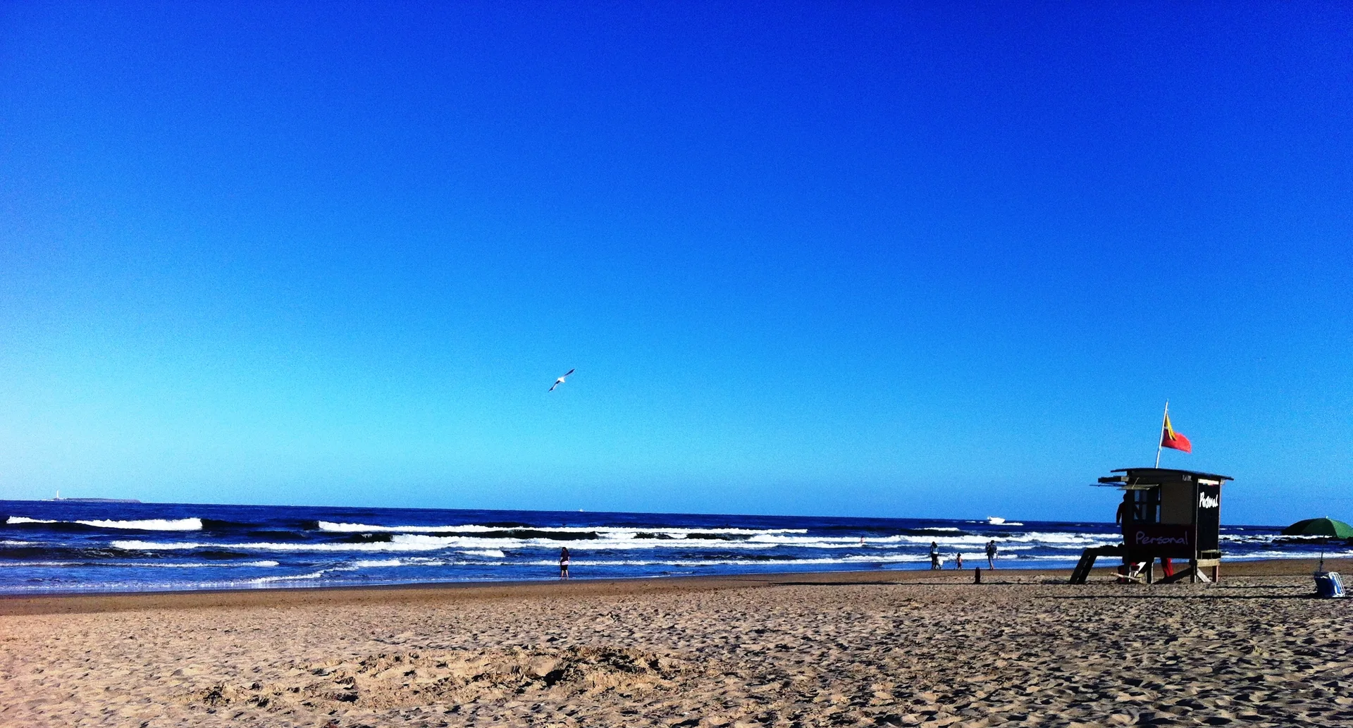 Playa Brava em Punta del Este sob céu azul, com faixas de ondas, areia, posto de praia e poucas pessoas junto à água.