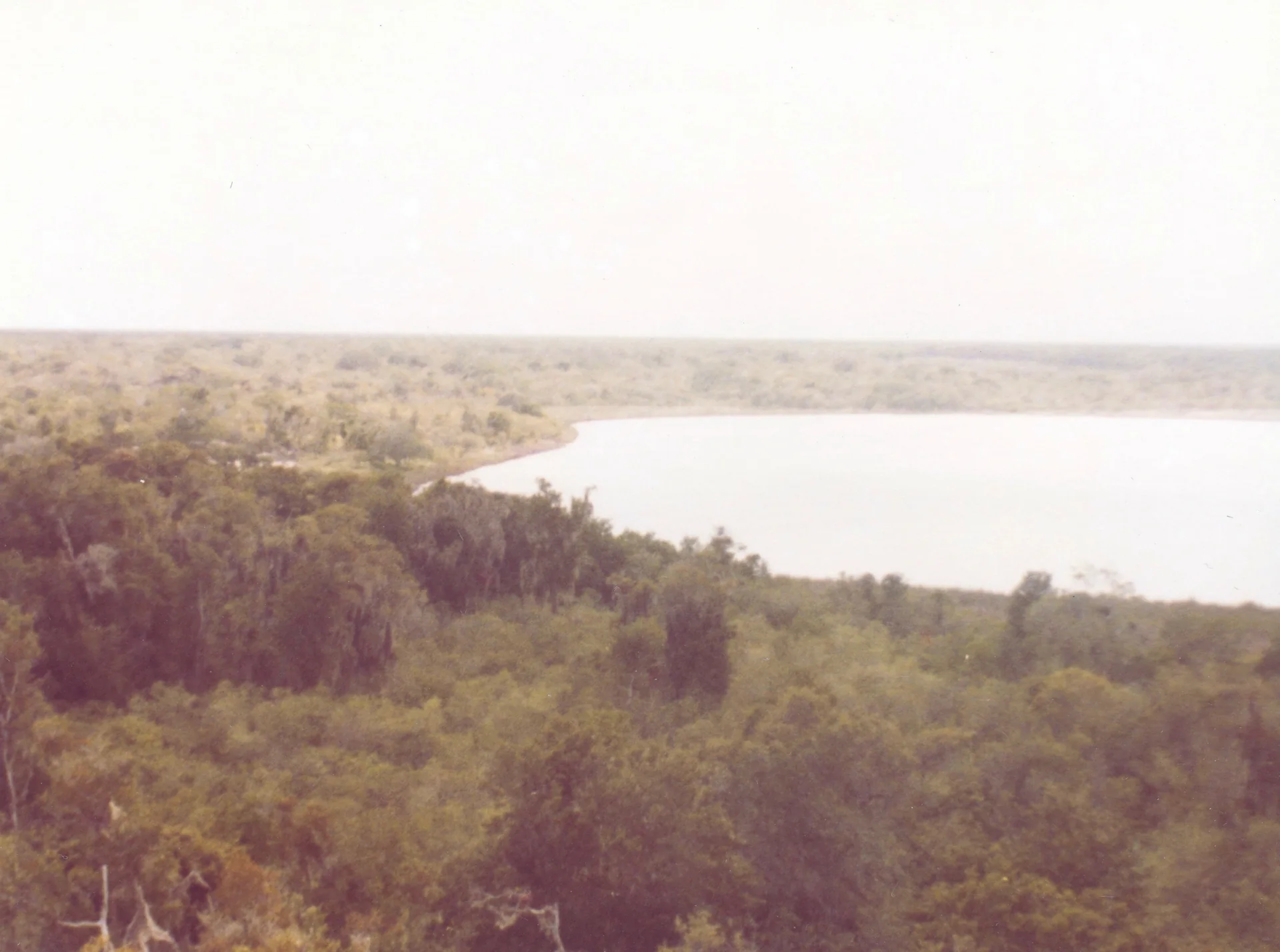 Laguna Cobá cercada pela copa verde da floresta, observada de um ponto elevado do sítio arqueológico.