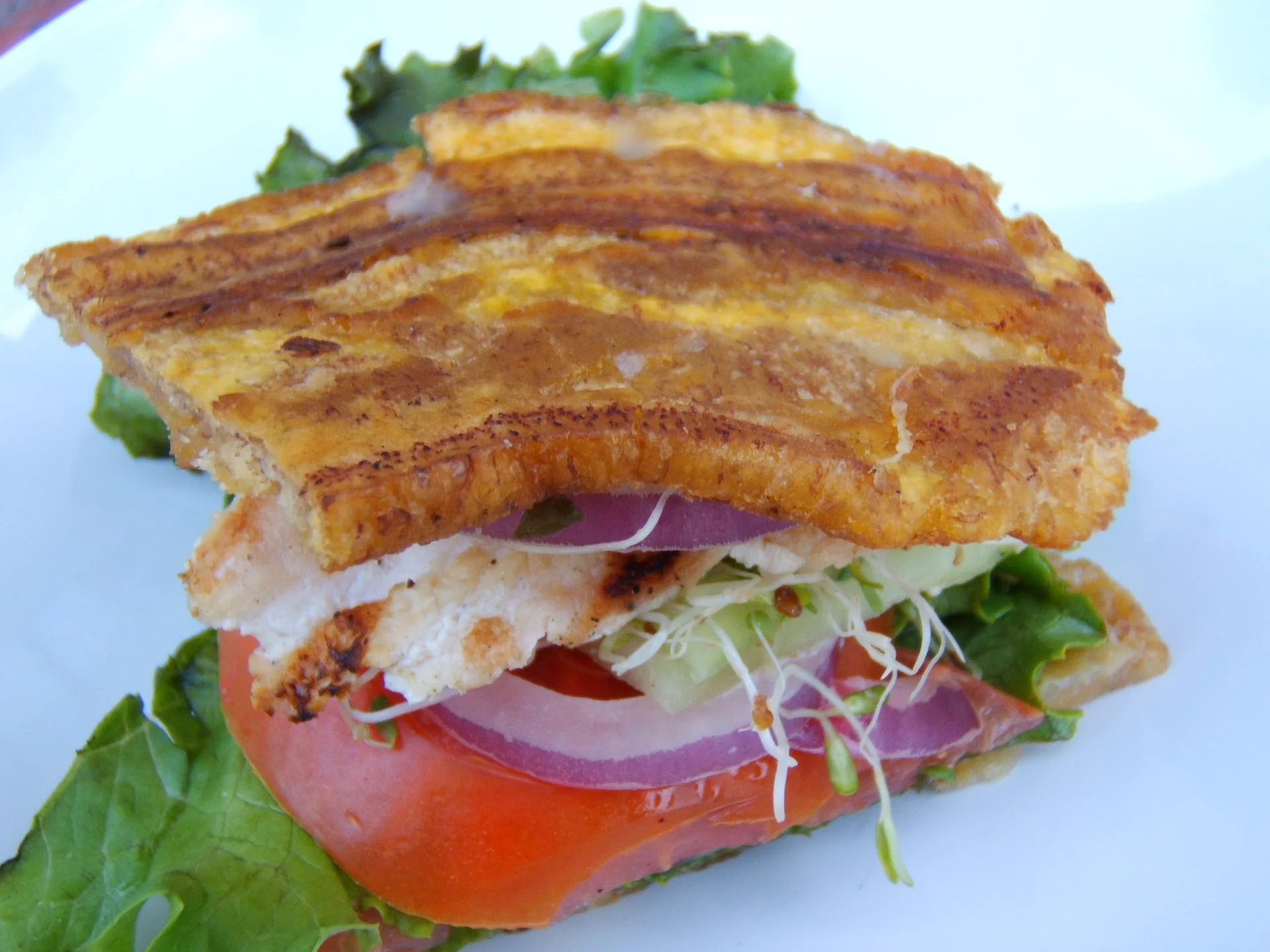 Jibarito de frango grelhado entre duas fatias de banana-da-terra frita, com tomate, cebola e folhas.