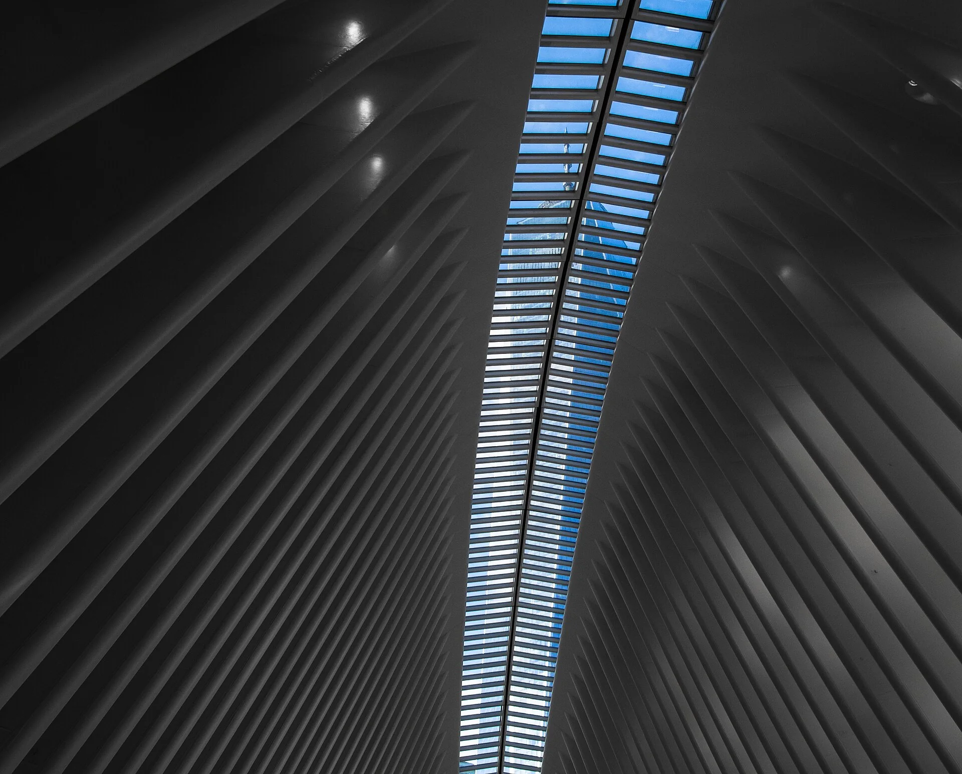 Abertura do teto do Oculus vista de baixo, com One World Trade Center aparecendo entre as estruturas e luz natural azul.